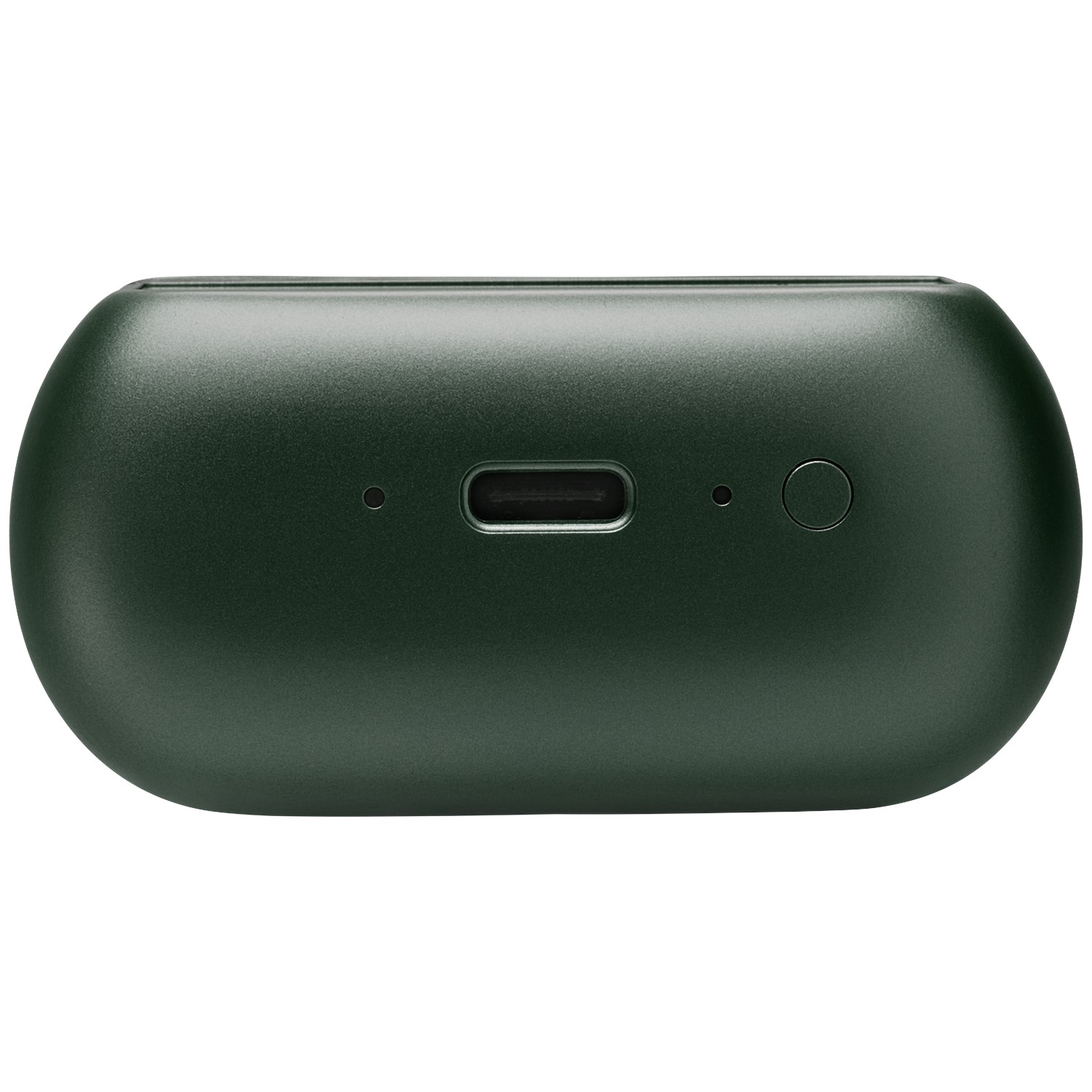 Donkergroene oplaadcase met oplaadpoort en knop op zwarte achtergrond.
