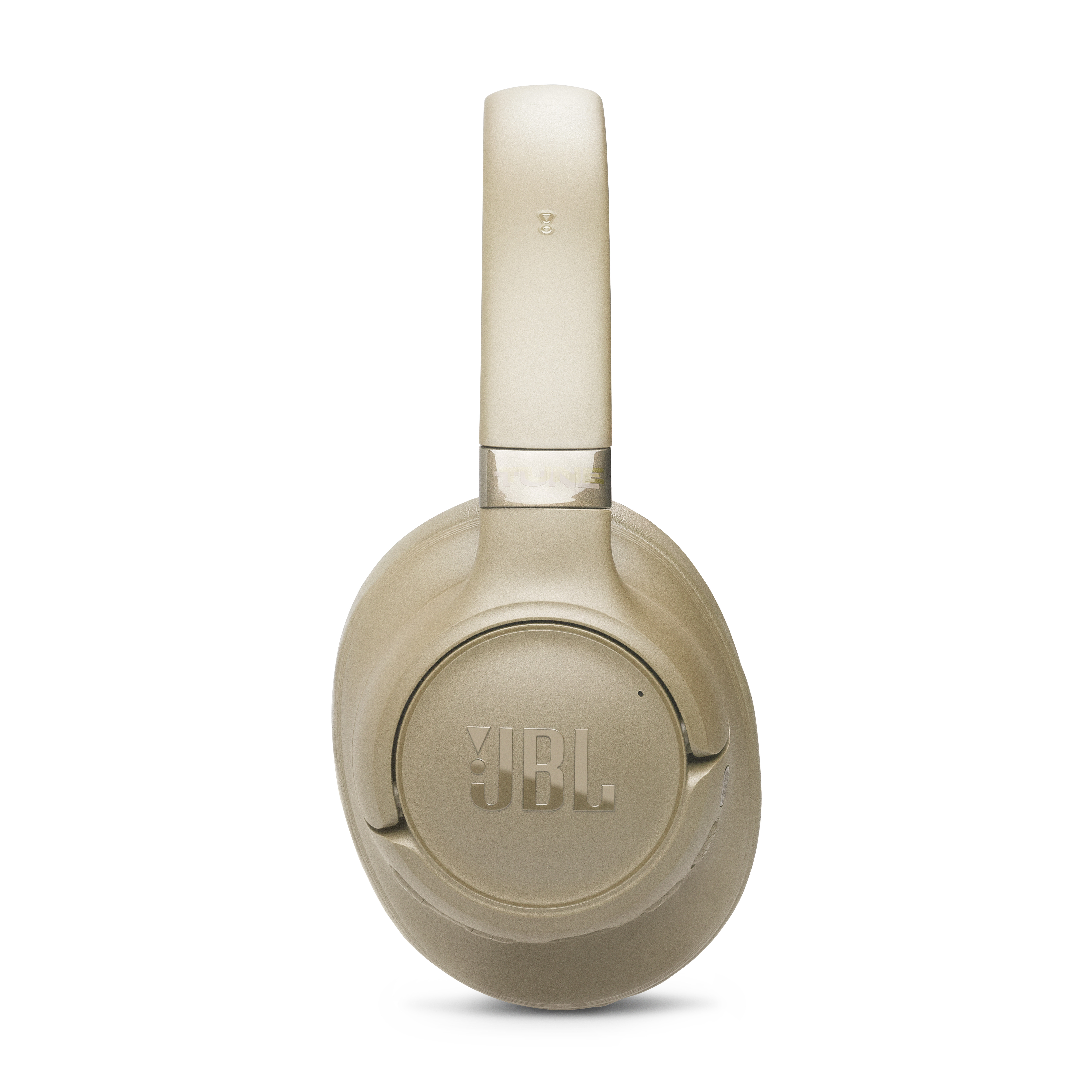 Eine goldene JBL Kopfhörer, frontalansicht mit dem Logo auf der Ohrmuschel.