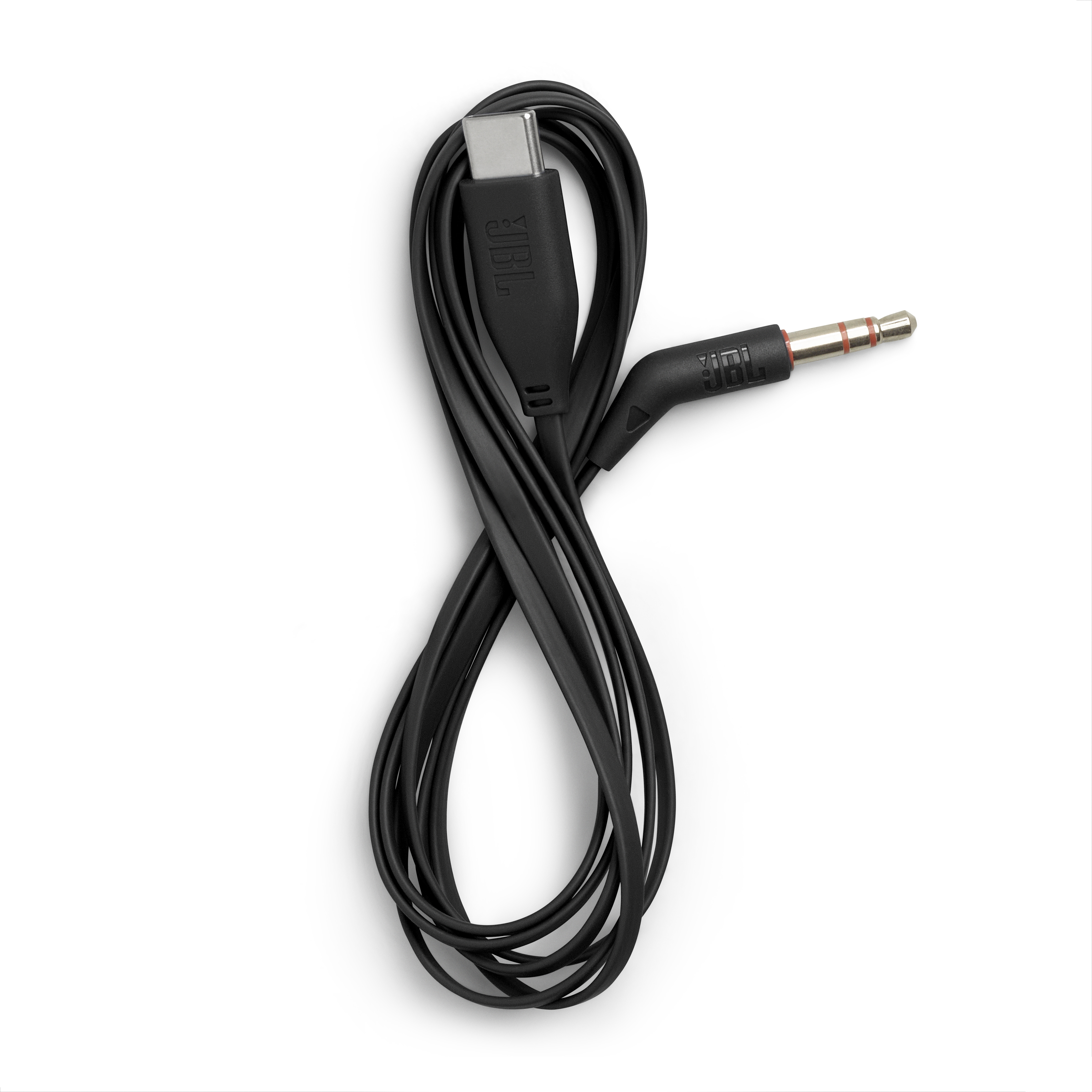 Schwarzes Kabel mit USB-C- und 3,5-mm-Klinkenstecker, JBL-Logo.