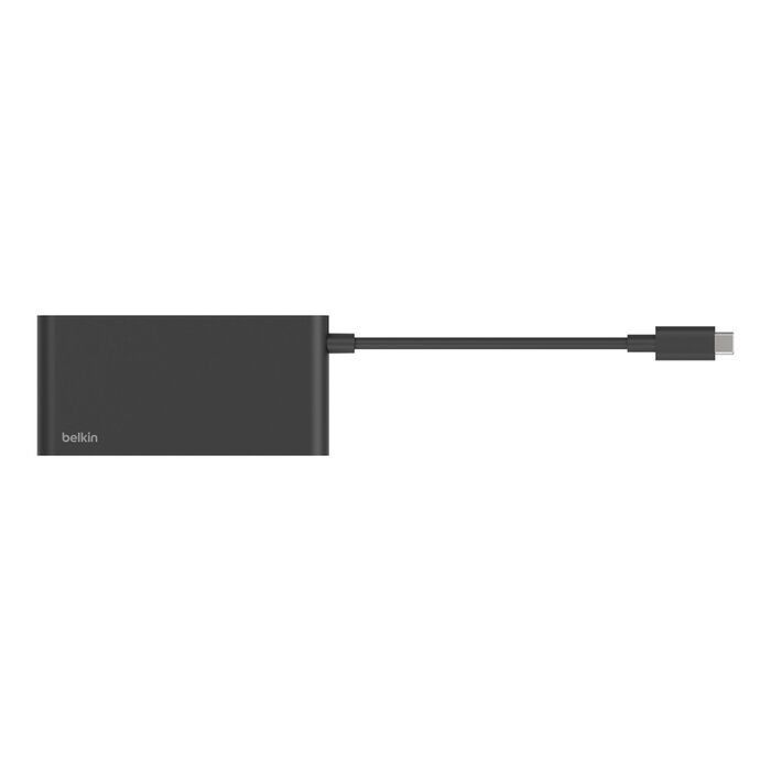 USB-C kablolu ve konnektörlü siyah Belkin dock.