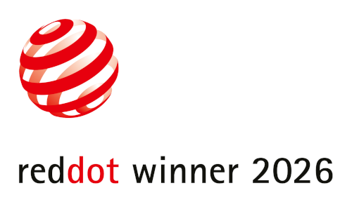 Logo Red Dot Winner 2026: czerwona kula w pasy, obok tekst.