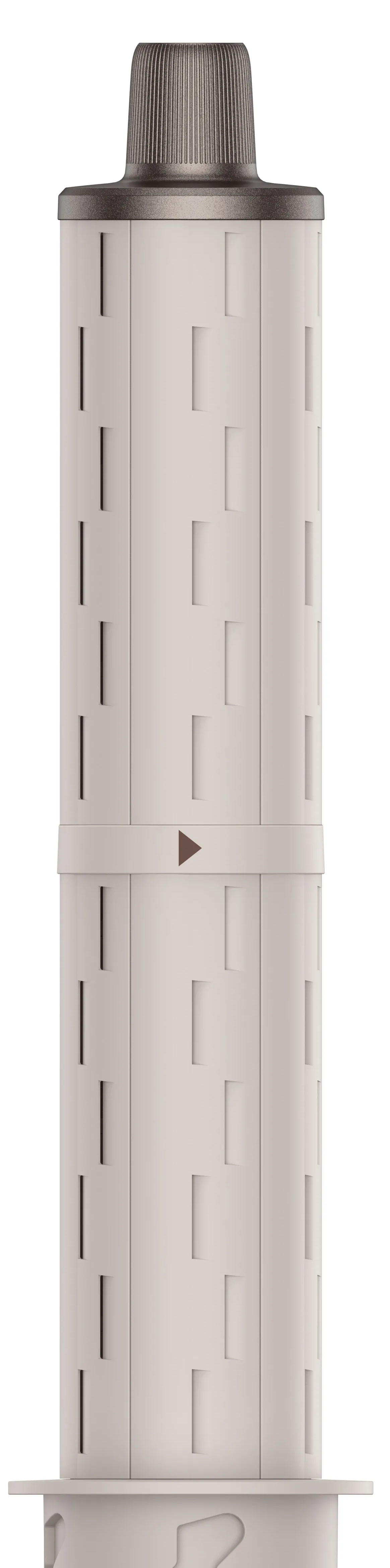 Biały cylinder z radełkowaną metalową nakrętką i prostokątnymi wycięciami.