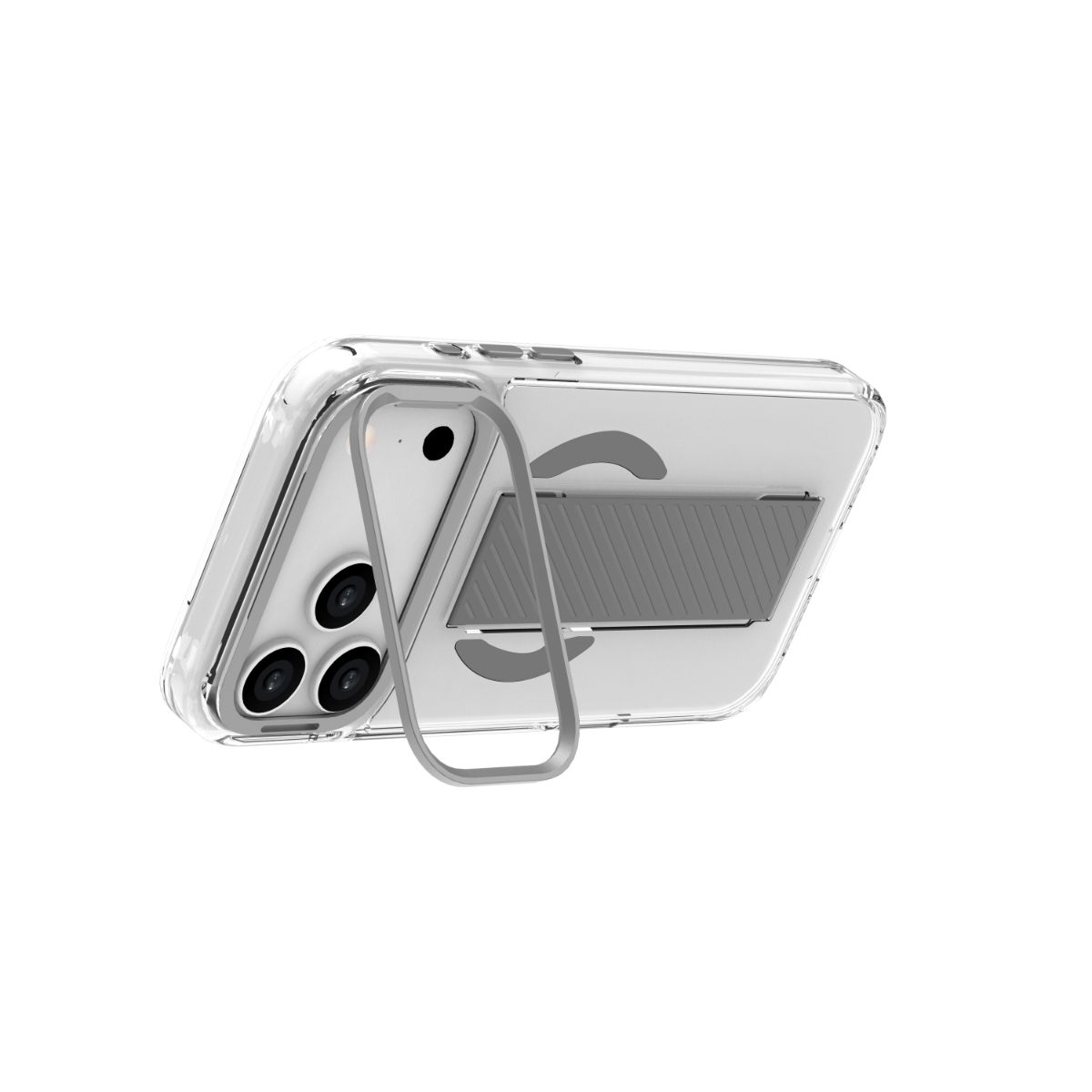 Entegre gri standlı şeffaf telefon kılıfı.