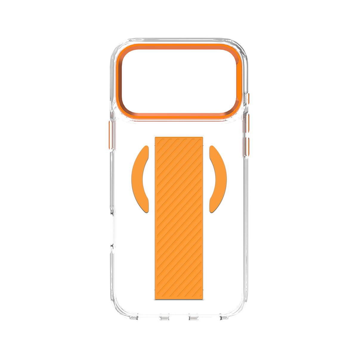 Turuncu çerçeveli ve tutamaklı şeffaf telefon kılıfı.