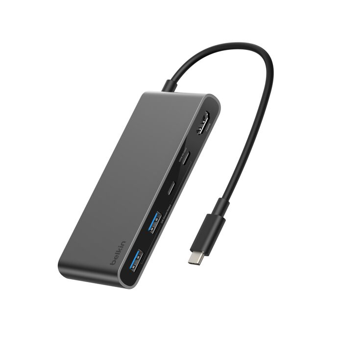 HDMI, USB-A bağlantı noktalarına ve kabloya sahip gri USB-C hub.