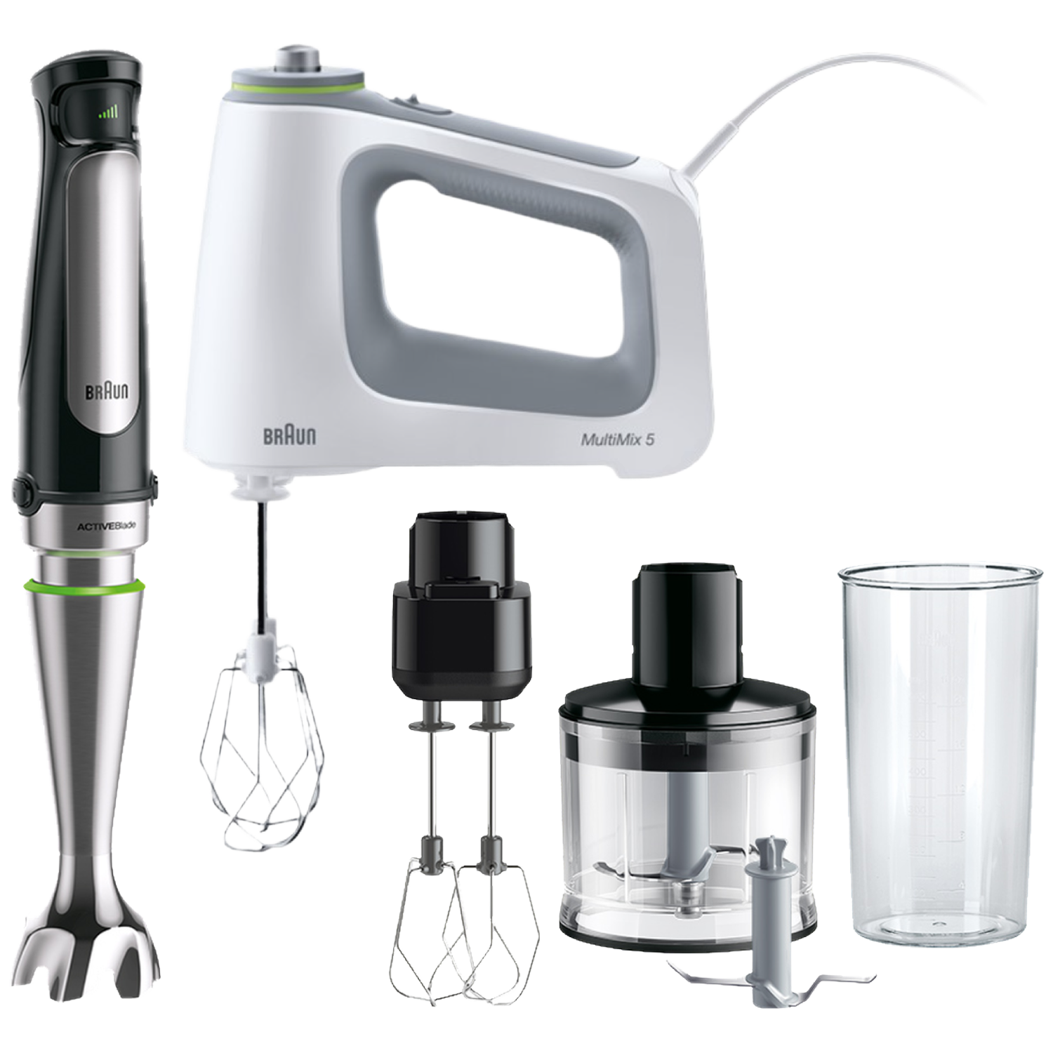 Een handmixer, staafmixer en accessoires op zwarte achtergrond.