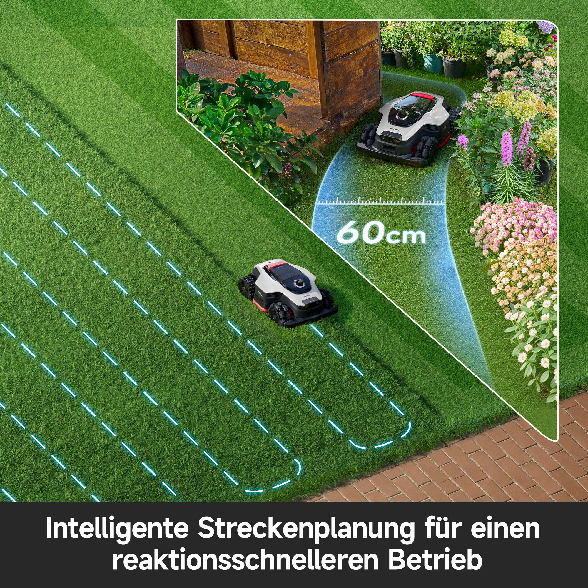 Ein Mähroboter fährt auf einem Rasen mit blauen Markierungen. Daneben blühende Blumen.