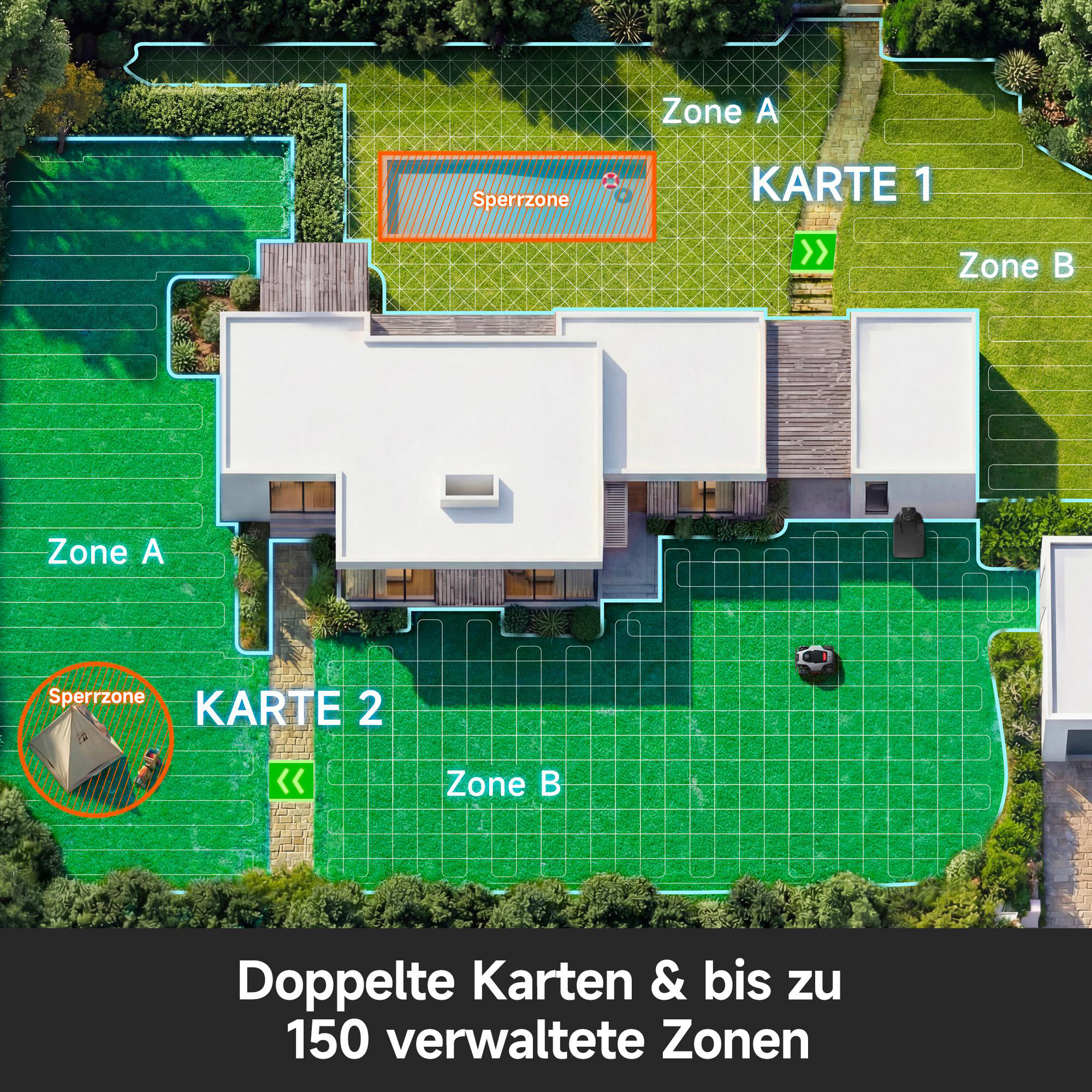 Gartenplan mit Haus, Rasen, Zonen und Sperrzonen für Mähroboter.