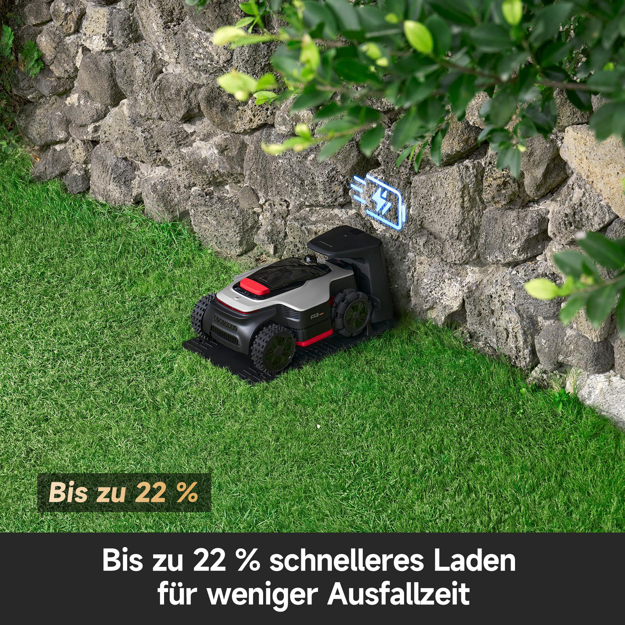 Ein Mähroboter lädt an einer Steinmauer. Anzeige: 22% schneller laden.