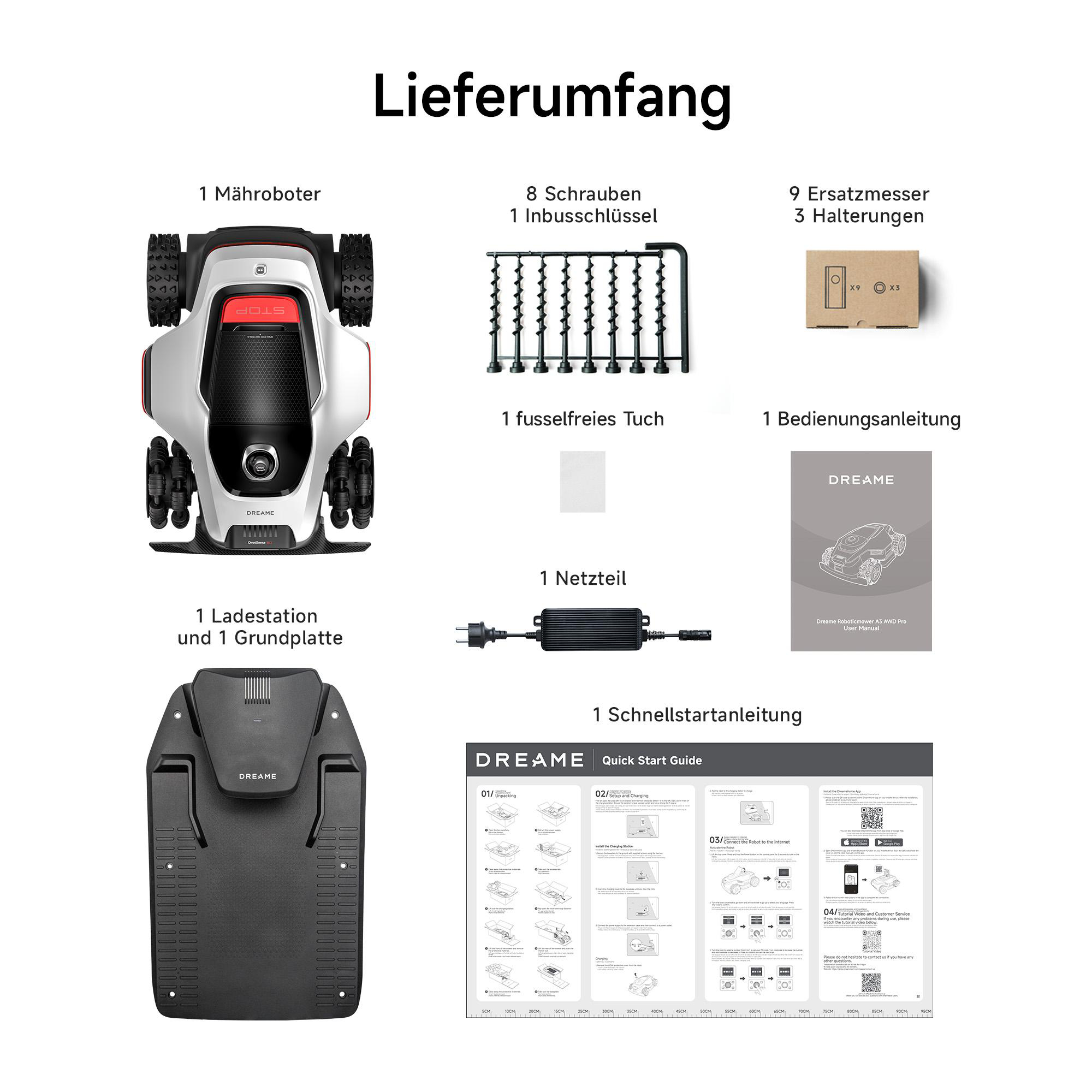 Lieferumfang eines Mähroboters mit Zubehör: Roboter, Ladestation, Schrauben, Messer, Anleitungen.