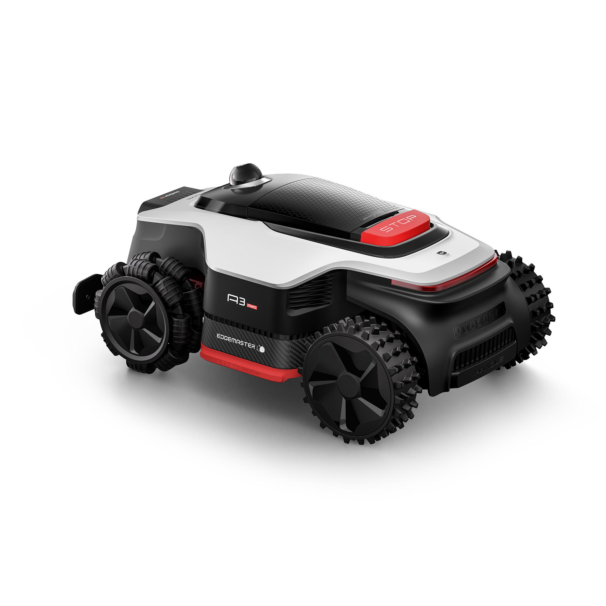 Ein moderner, weiß-schwarzer Rasenmähroboter mit roten Akzenten und grobstolligen Rädern.