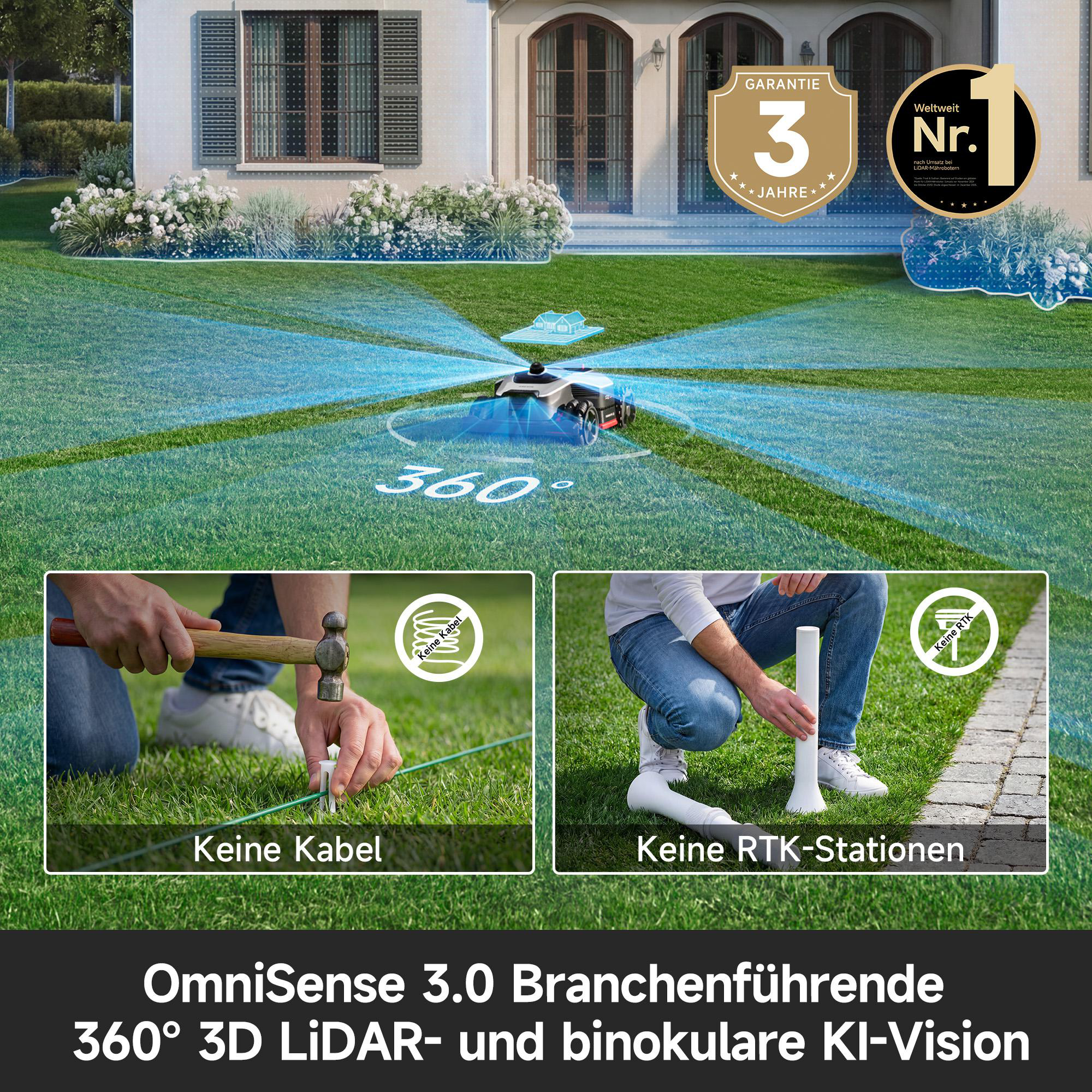 Ein Mähroboter mit 360 Grad Sicht vor einem Haus. Unten: Installation ohne Kabel und RTK.