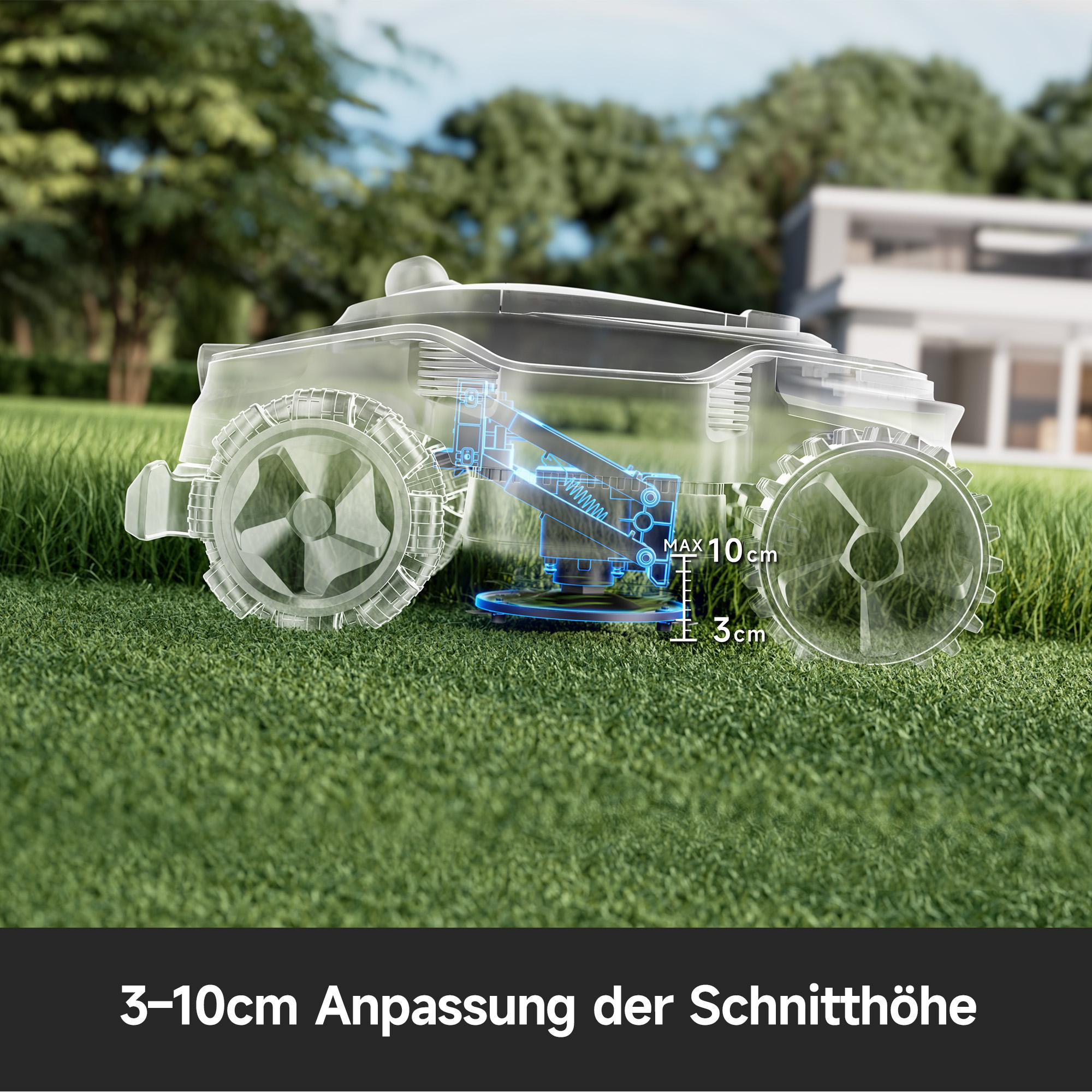 Ein Rasenmähroboter mit transparentem Gehäuse zeigt die Schnitthöhenanpassung von 3-10cm.
