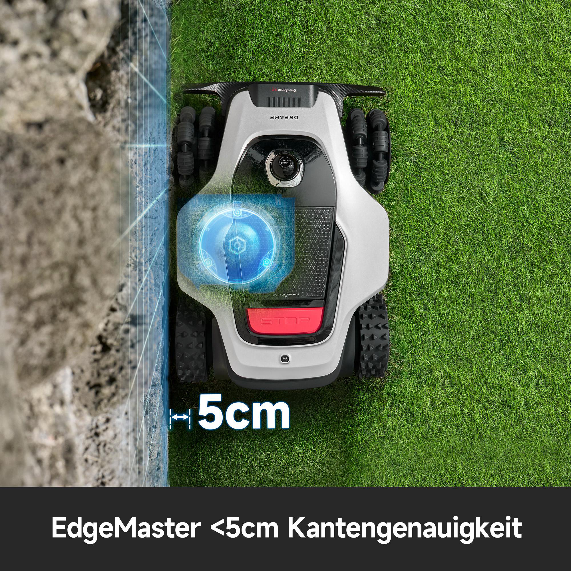 Ein Mähroboter navigiert präzise entlang einer Kante auf einem Rasen.