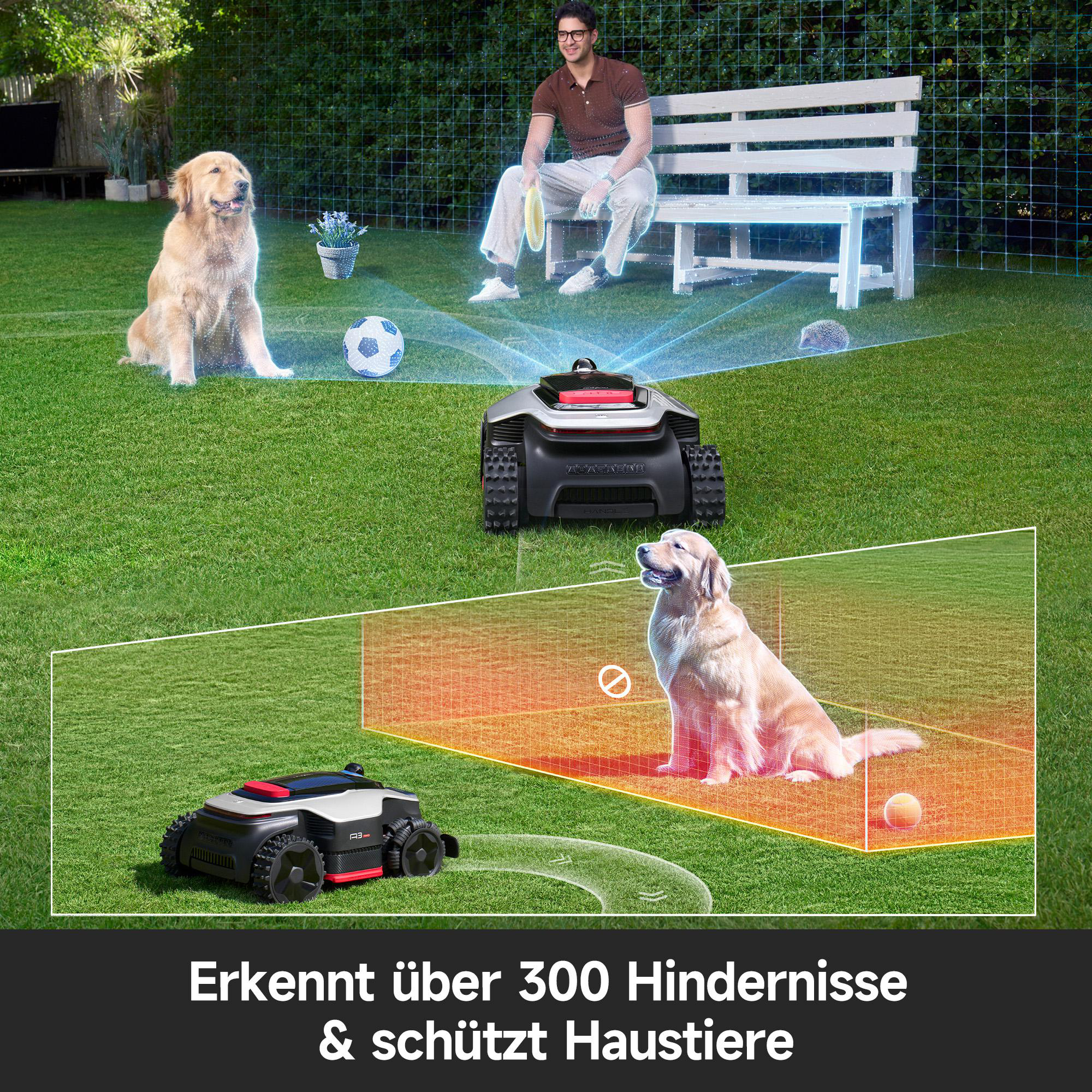 Rasenmäher-Roboter erkennt Hund und Ball im Garten.