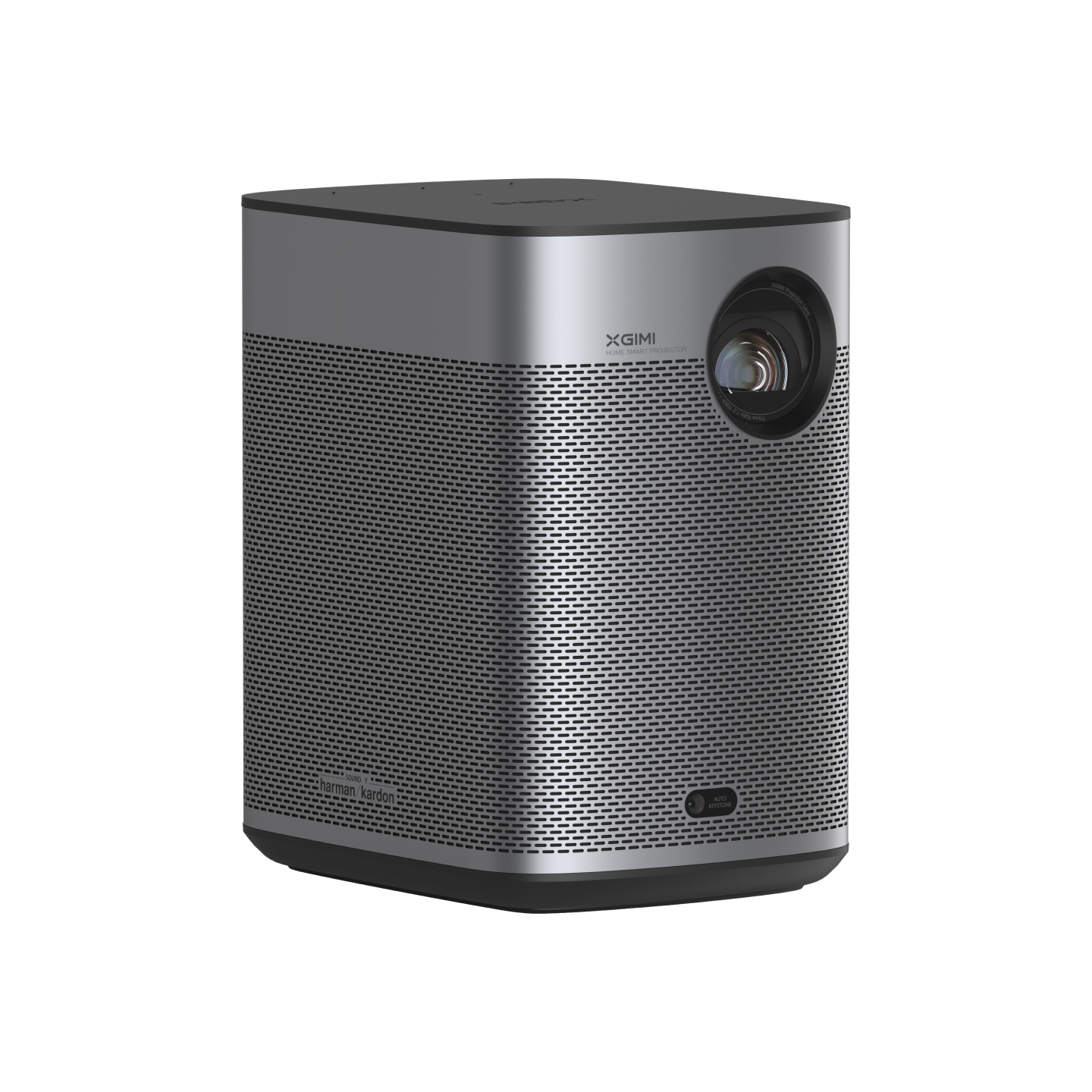 Harman Kardon hoparlörlü gümüş XGIMI projektör.