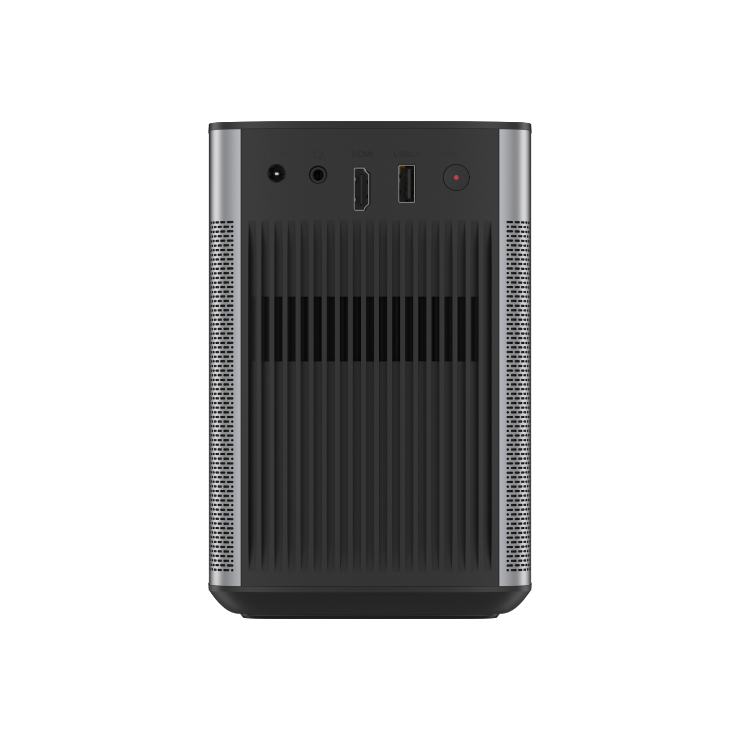 Arkada havalandırma delikleri ve bağlantı noktaları bulunan siyah projektör: DC IN, HDMI, USB 2.0, Power.