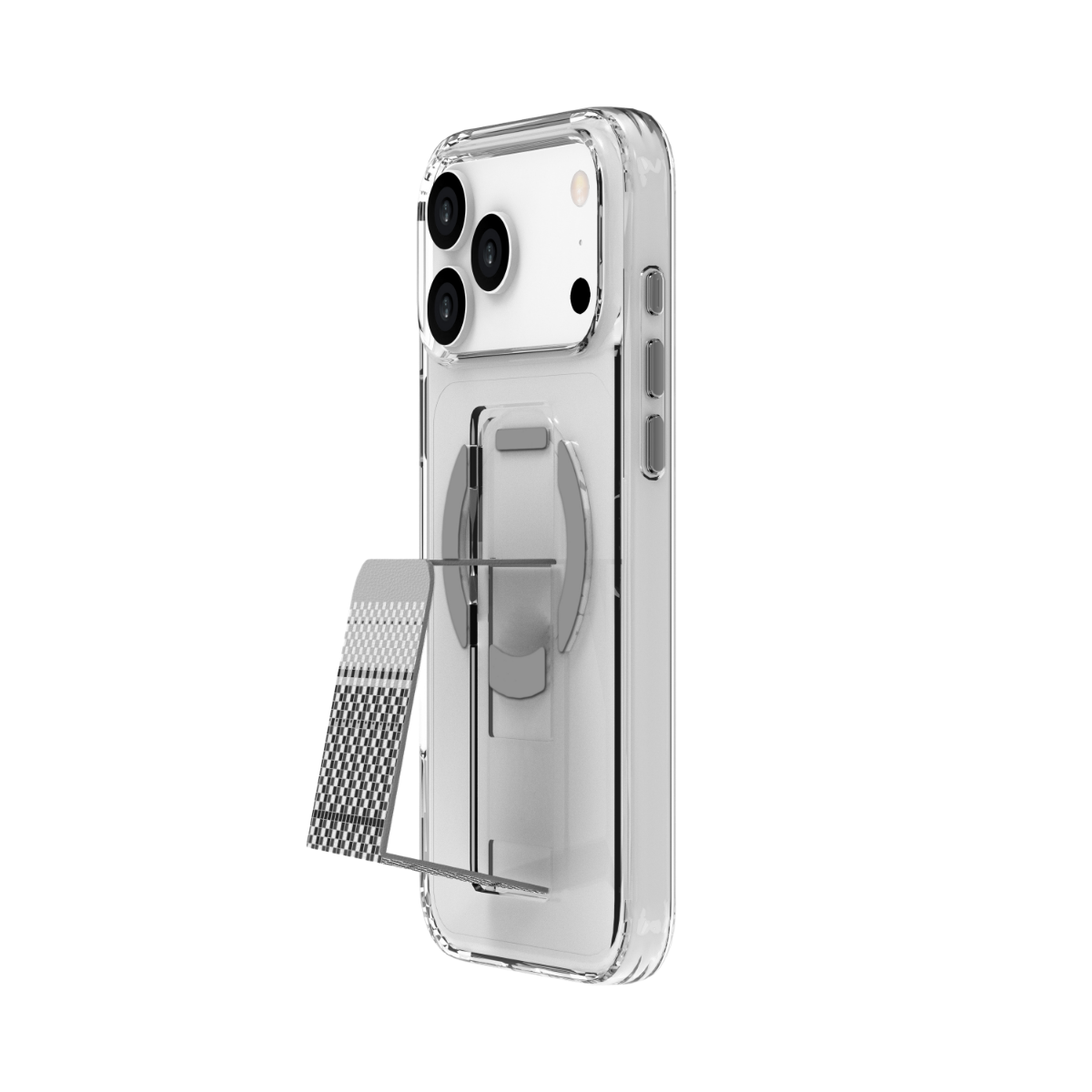 Kareli desenle süslenmiş, katlanabilir metal standlı şeffaf telefon kılıfı.