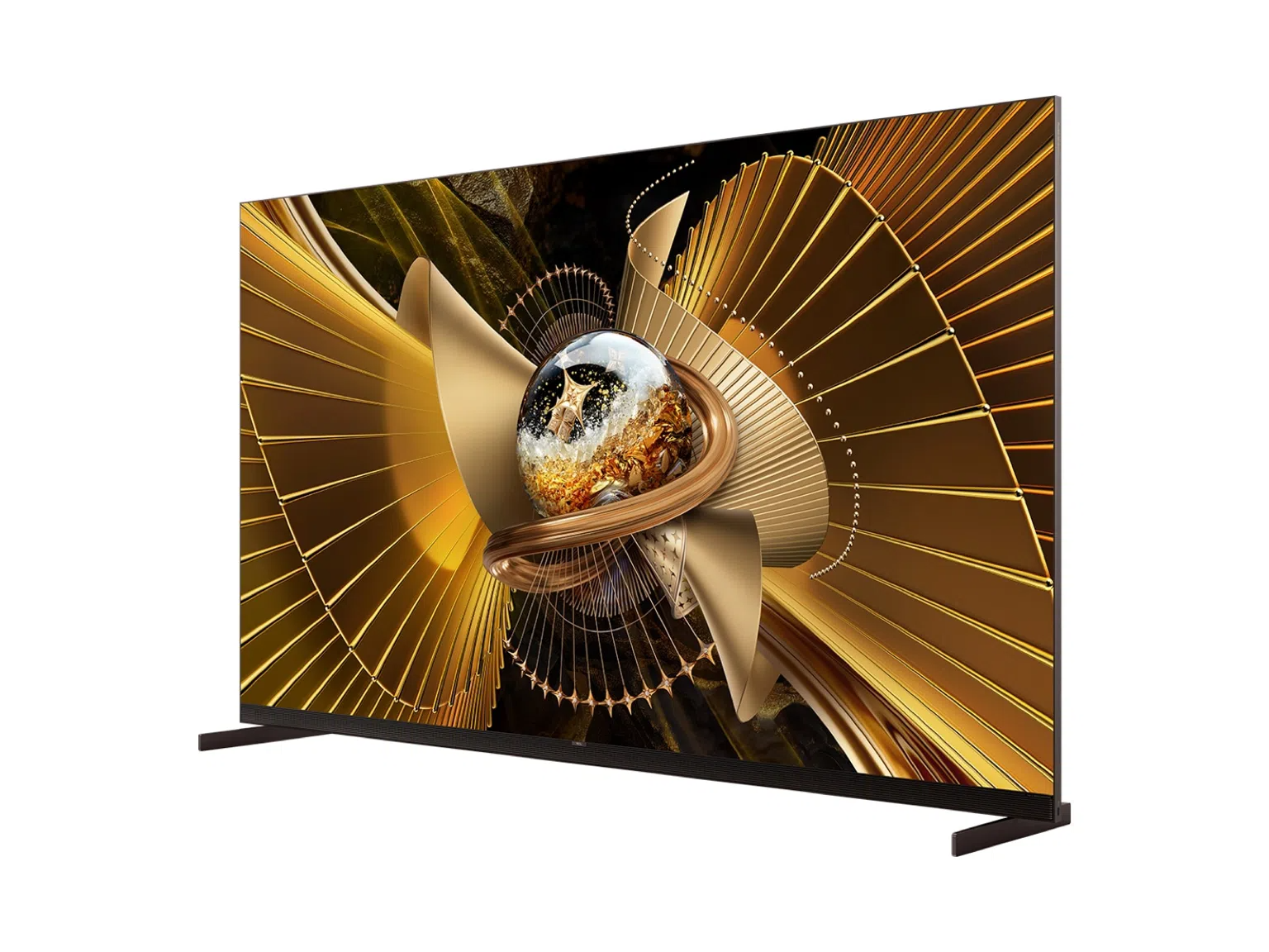 Egy modern TV arany absztrakt dizájnt mutat kristálygömbbel.