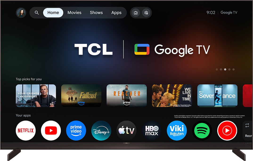 TCL Google TV kezdőképernyő filmekkel, appokkal és Netflix-szel.