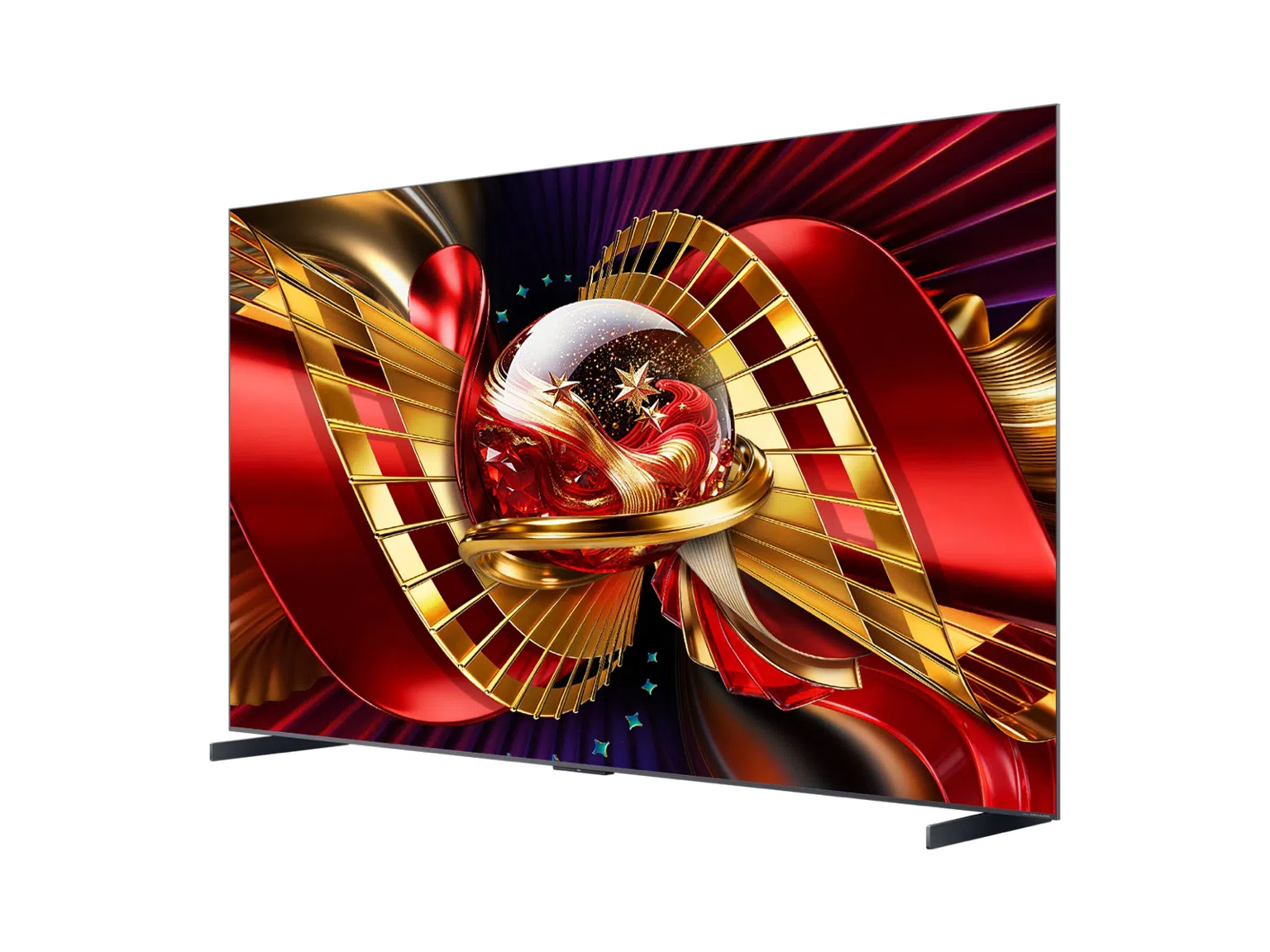 Egy modern TV absztrakt, ünnepi képet mutat piros és arany szalagokból és csillagokból.