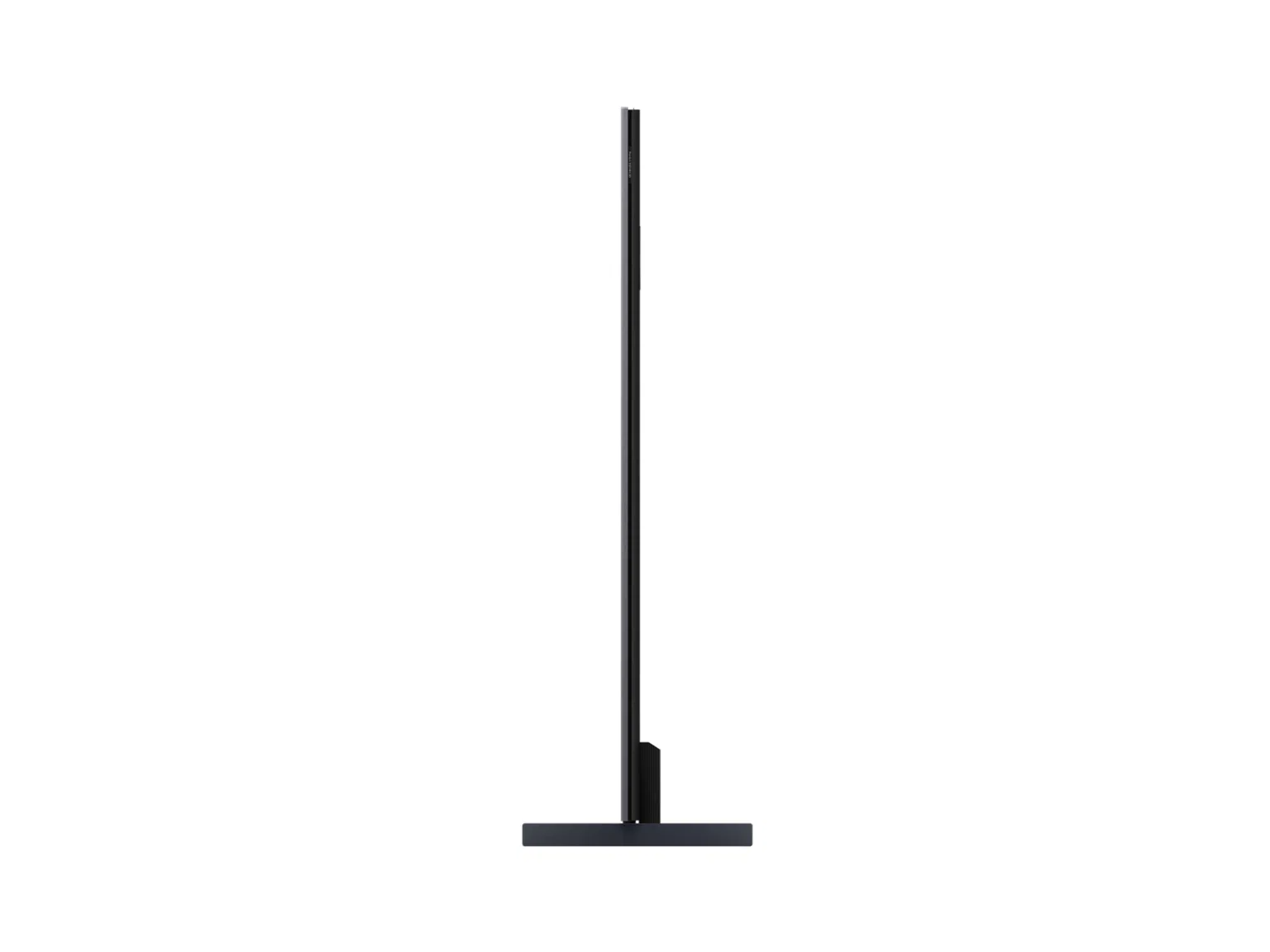 Fekete síkképernyős TV oldalt nézve, minimalista állvánnyal fehér háttéren.