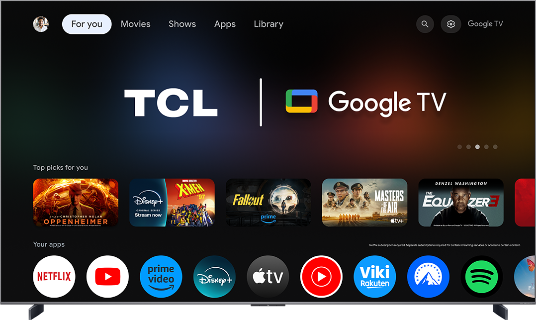 TCL Google TV kezdőképernyő film- és alkalmazásválasztékkal.