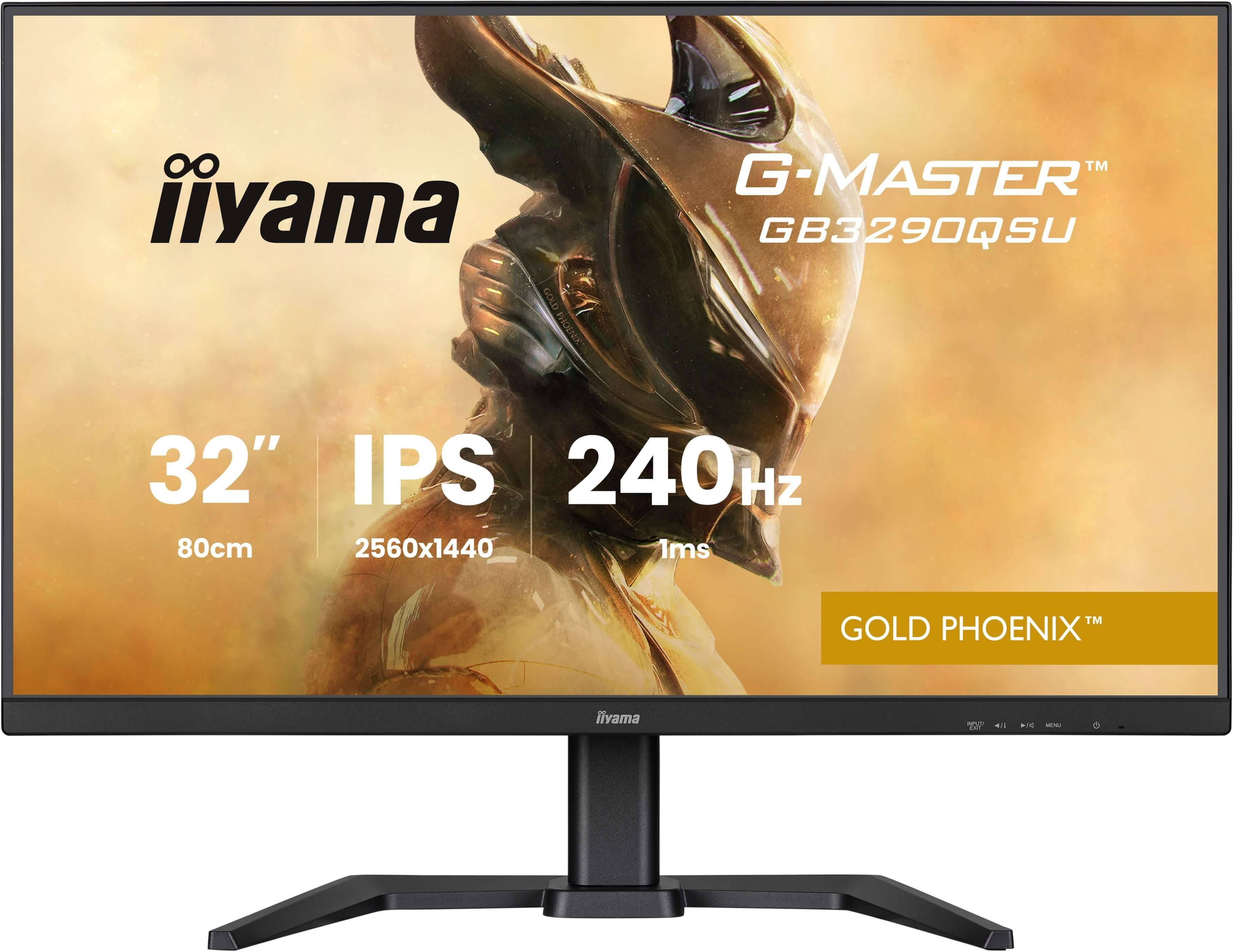 32-calowy monitor gamingowy z grafiką złotego feniksa i specyfikacjami.