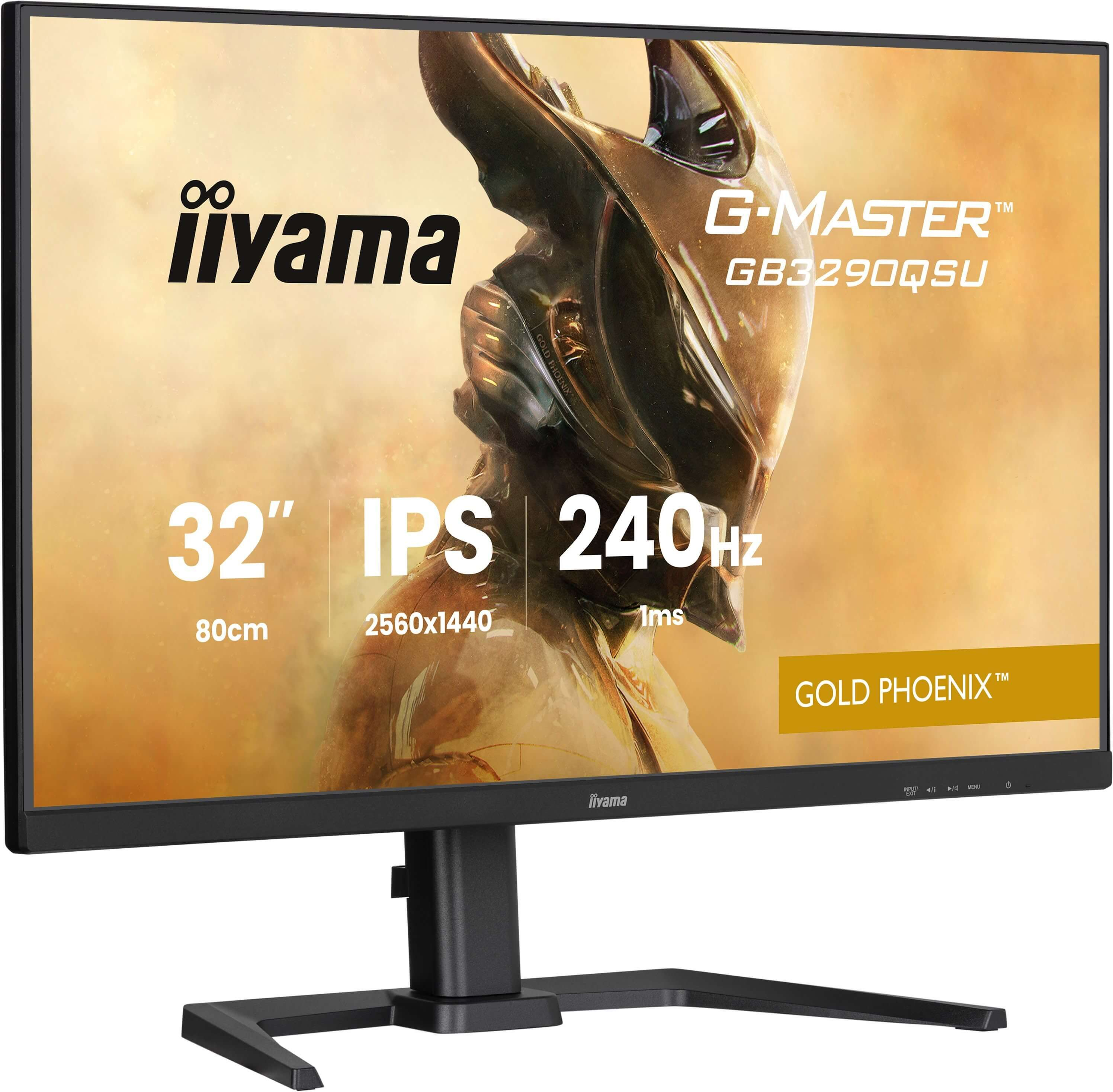 32-calowy monitor gamingowy iiyama z grafiką złotego feniksa i specyfikacjami.