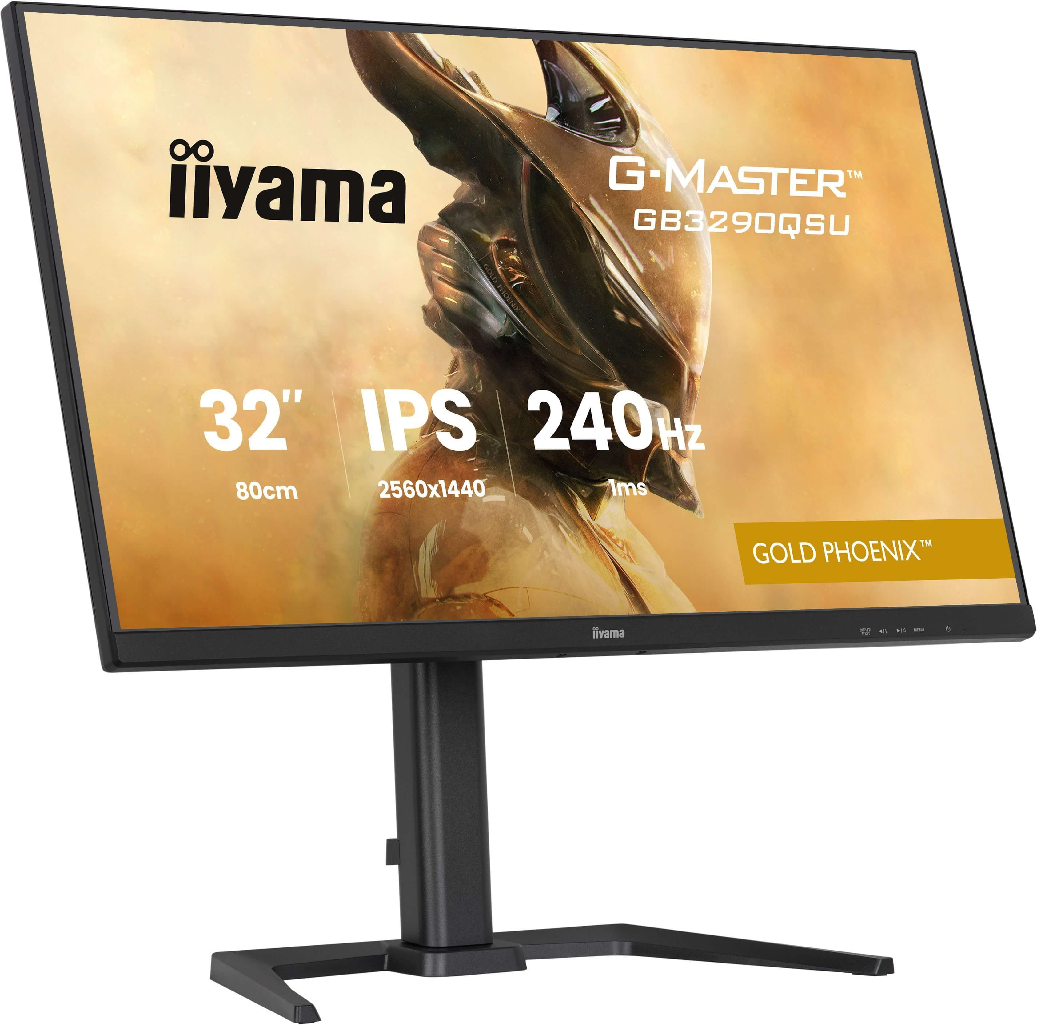 Czarny monitor Iiyama G-Master wyświetla złotego wojownika, specyfikacje 32" IPS 240Hz.