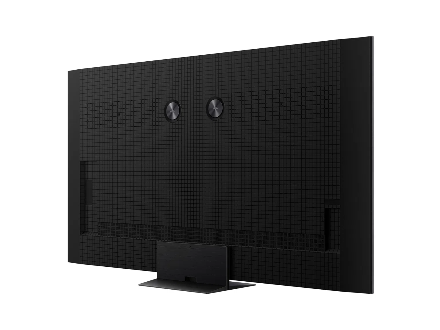 Egy fekete televízió hátulja texturált rácsmintával és állvánnyal.