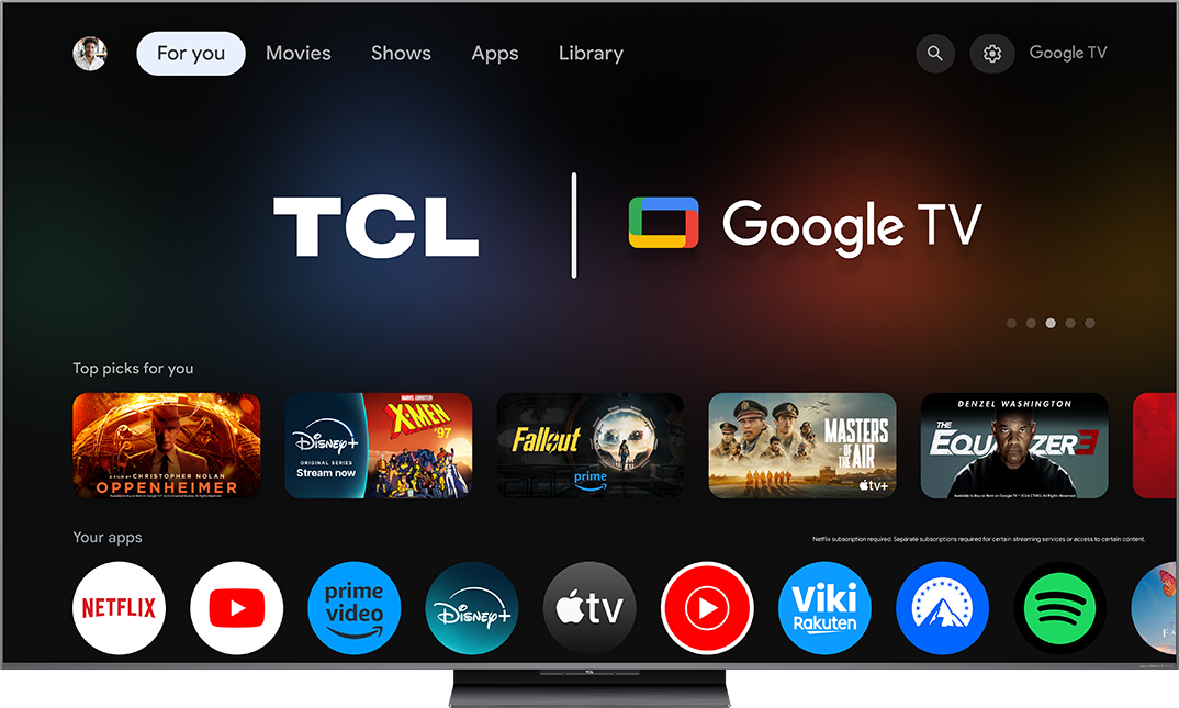 Google TV kezdőképernyő filmekkel és alkalmazásokkal, mint a Netflix és a YouTube.