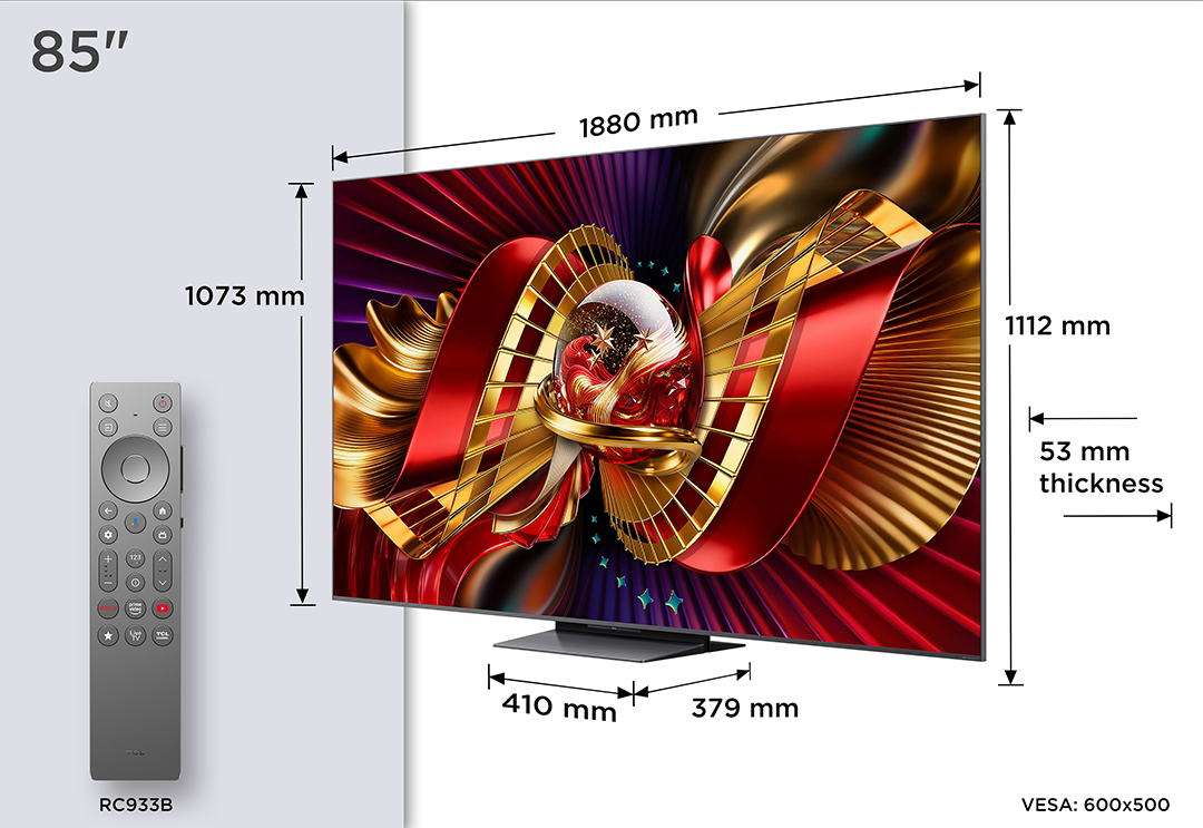85 hüvelykes TV távirányítóval. Méretek: 1880x1112mm, 53mm vastag. VESA 600x500.
