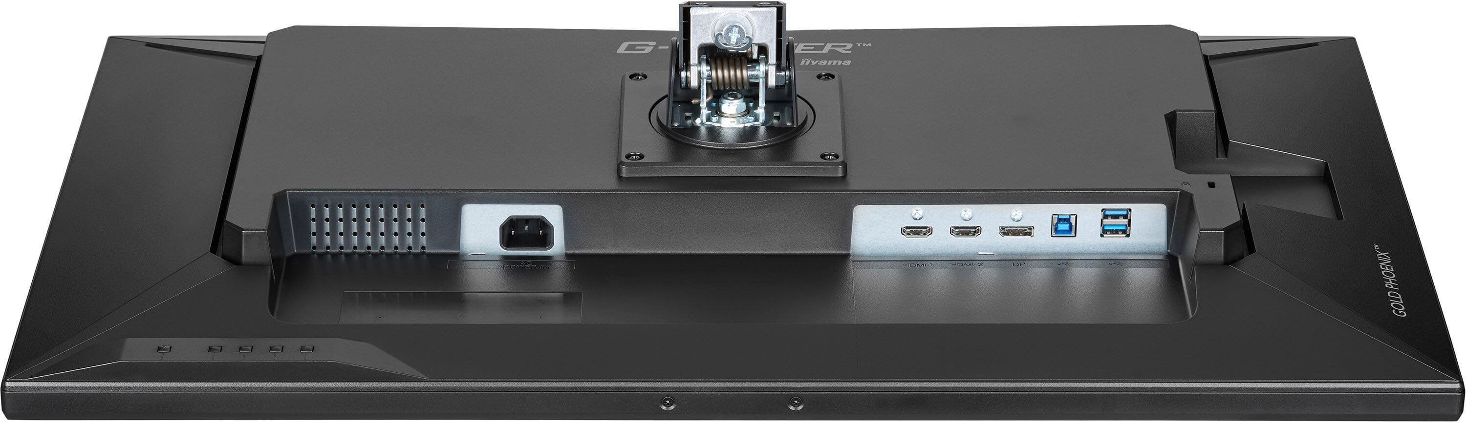 Tył czarnego monitora z portami: zasilanie, 2x HDMI, 1x USB-A, 2x USB-A.