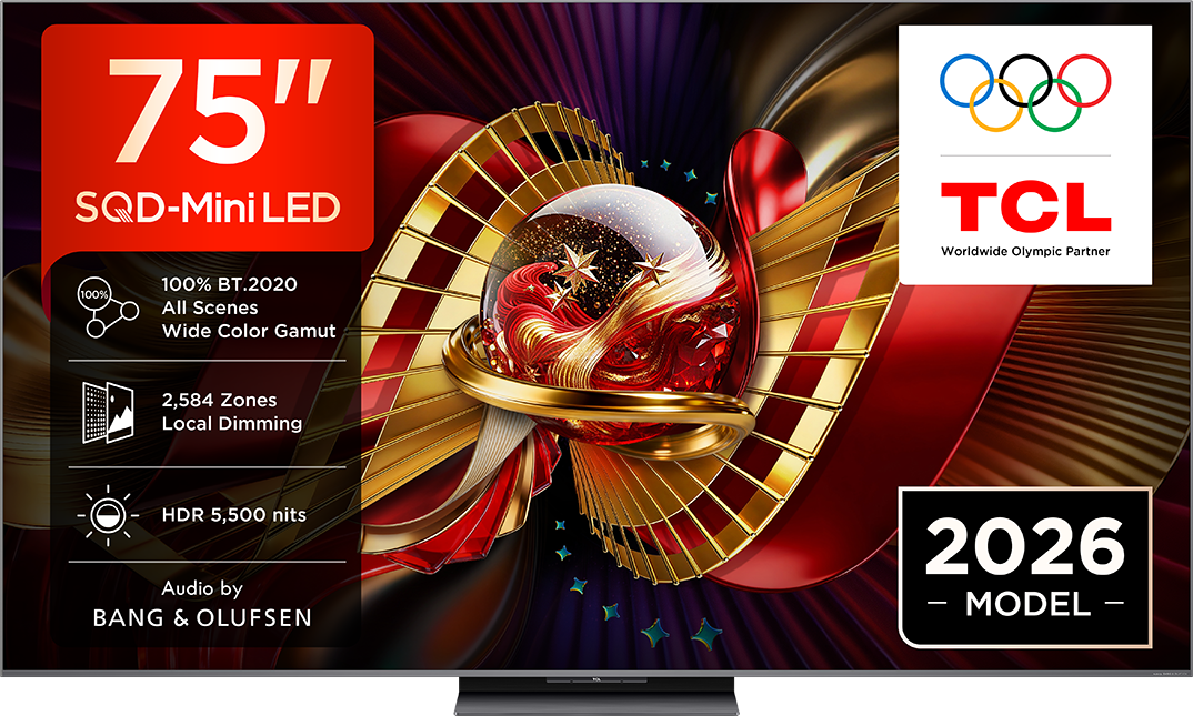 TCL 75" SQD-Mini LED TV olimpiai karikák logóval, 2026-os modell.