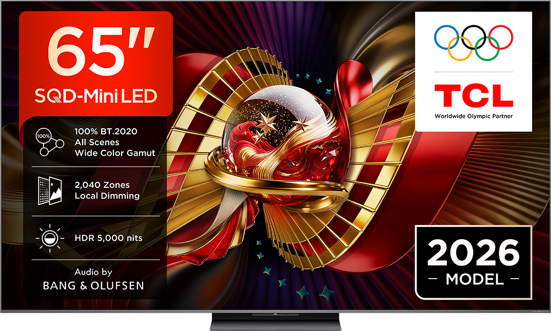 TCL 65" SQD-Mini LED TV olimpiai karikákkal, 2026-os modell.