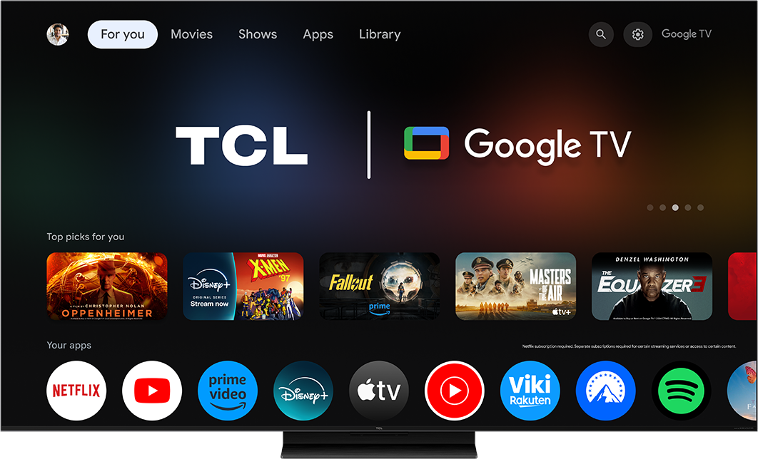 Google TV kezdőképernyő TCL logóval, film- és app előnézetekkel, ikonokkal.