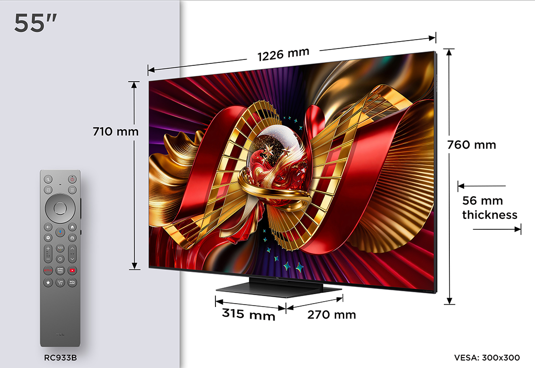 55 hüvelykes TV távirányítóval, méretek: 1226x760mm.