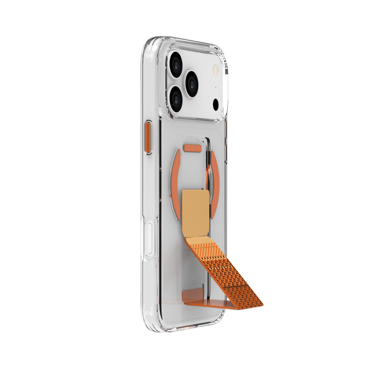 Turuncu halkalı ve katlanabilir stantlı şeffaf telefon kılıfı.