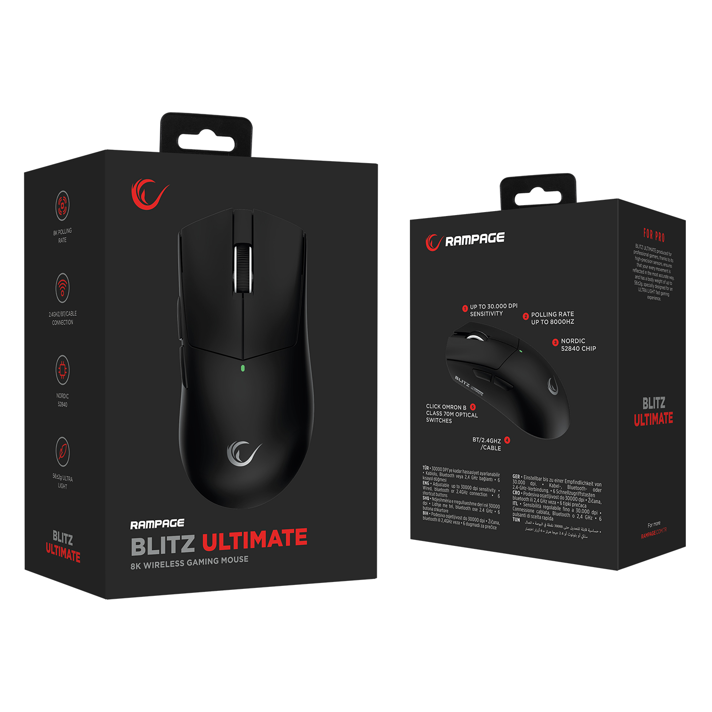 Ambalajında "Blitz Ultimate" yazısı bulunan siyah oyuncu faresi.