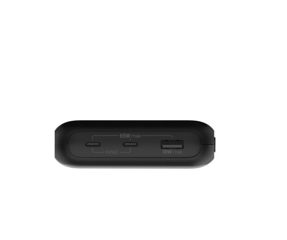 İki adet USB-C (65W maks.) ve bir adet USB-A (18W maks.) bağlantı noktasına sahip siyah powerbank.