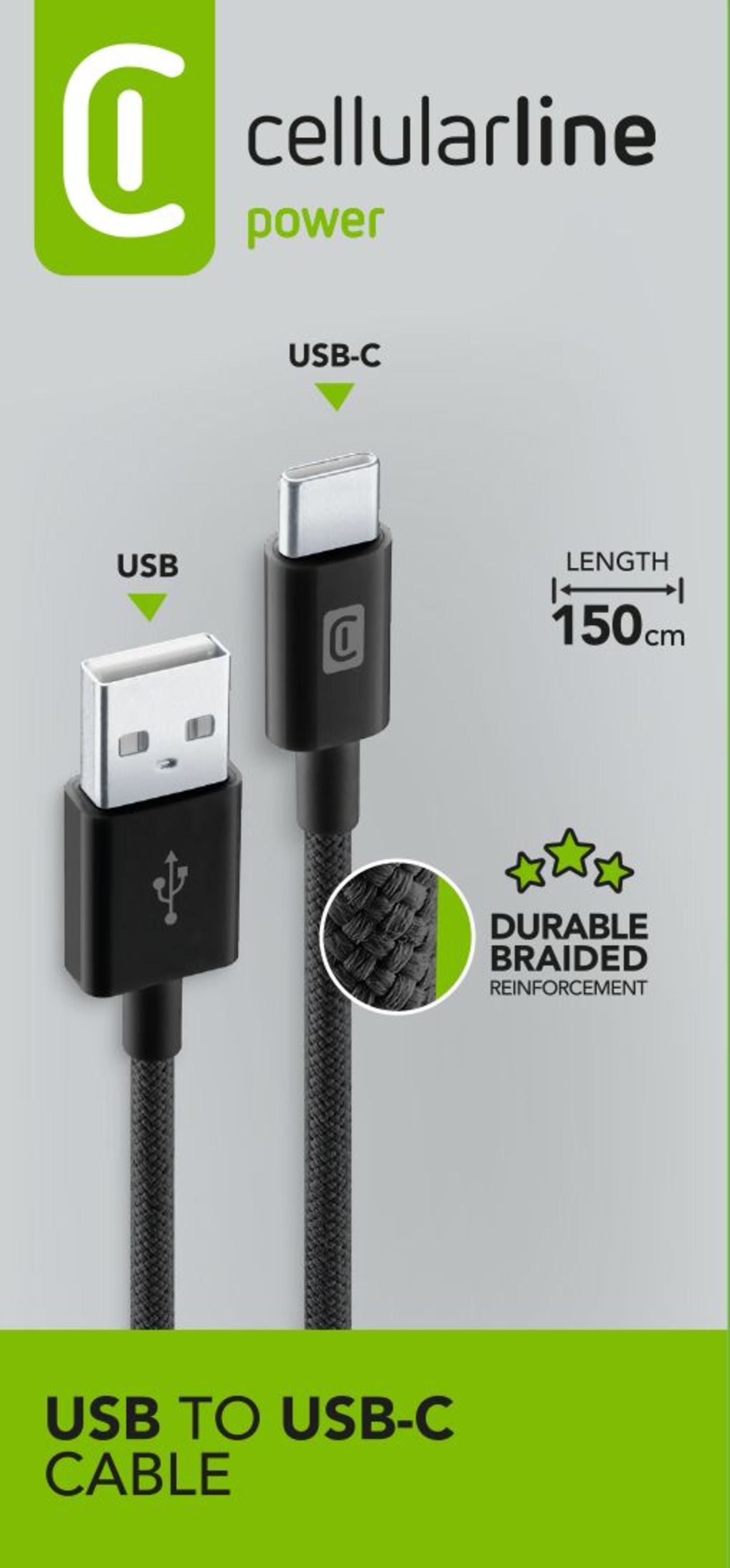 Siyah USB-A - USB-C kablo, 150 cm uzunluk, örgülü güçlendirmeli.