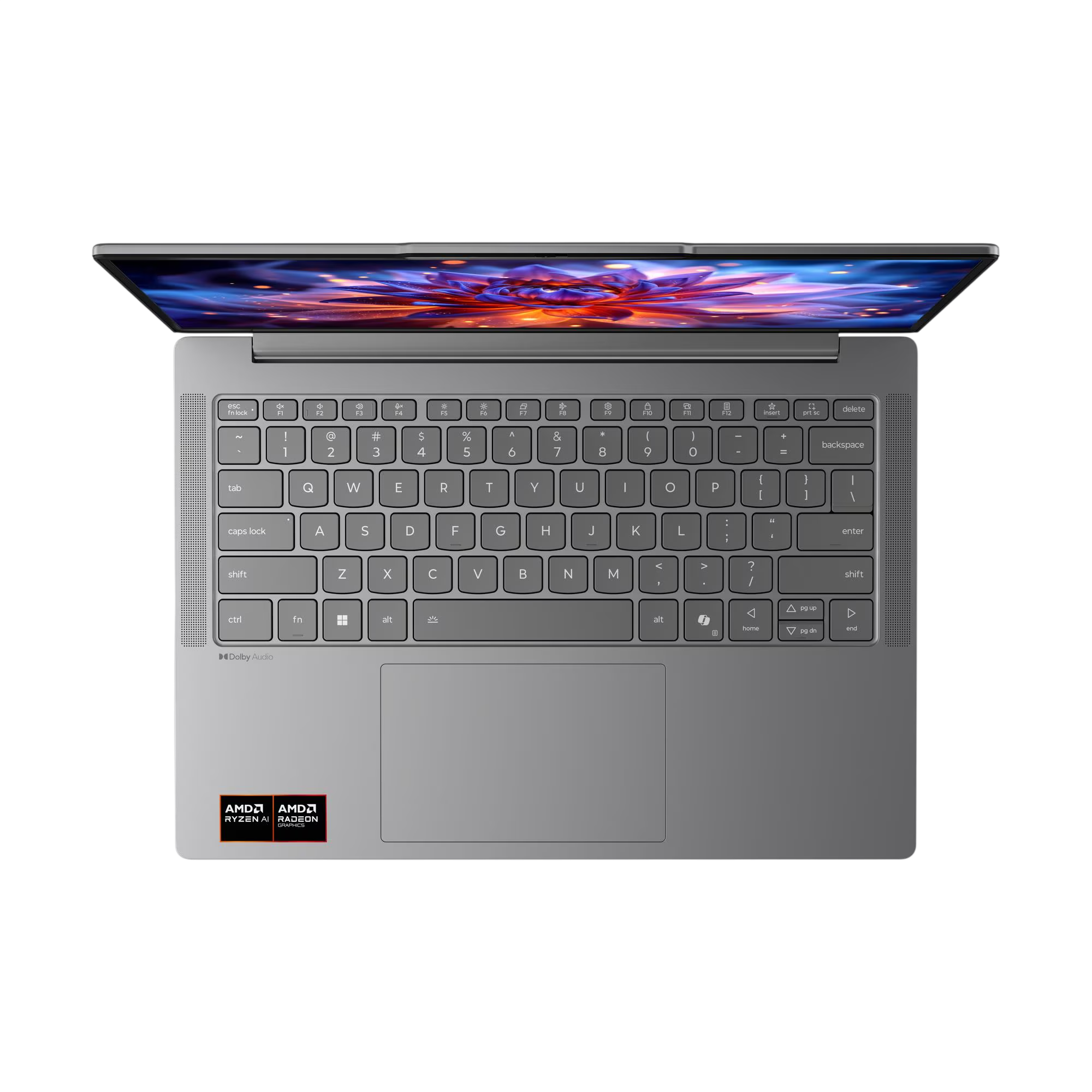 Ein offener Laptop mit grauer Tastatur und bunter Bildschirmanzeige auf schwarzem Hintergrund.