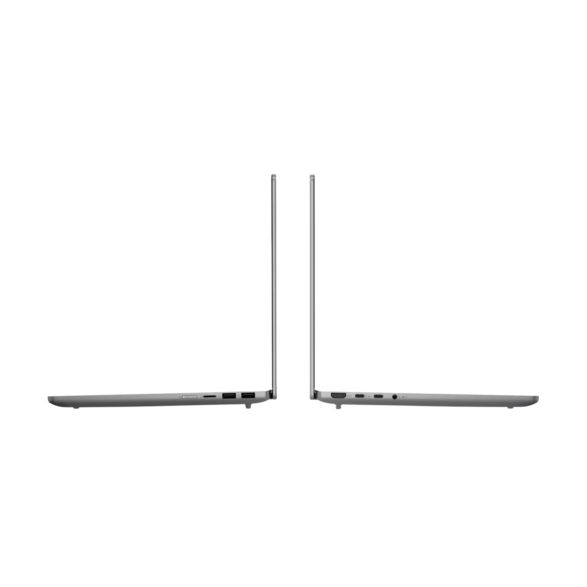 Zwei silberne Laptops, von der Seite gezeigt, mit Anschlüssen auf den Seiten.