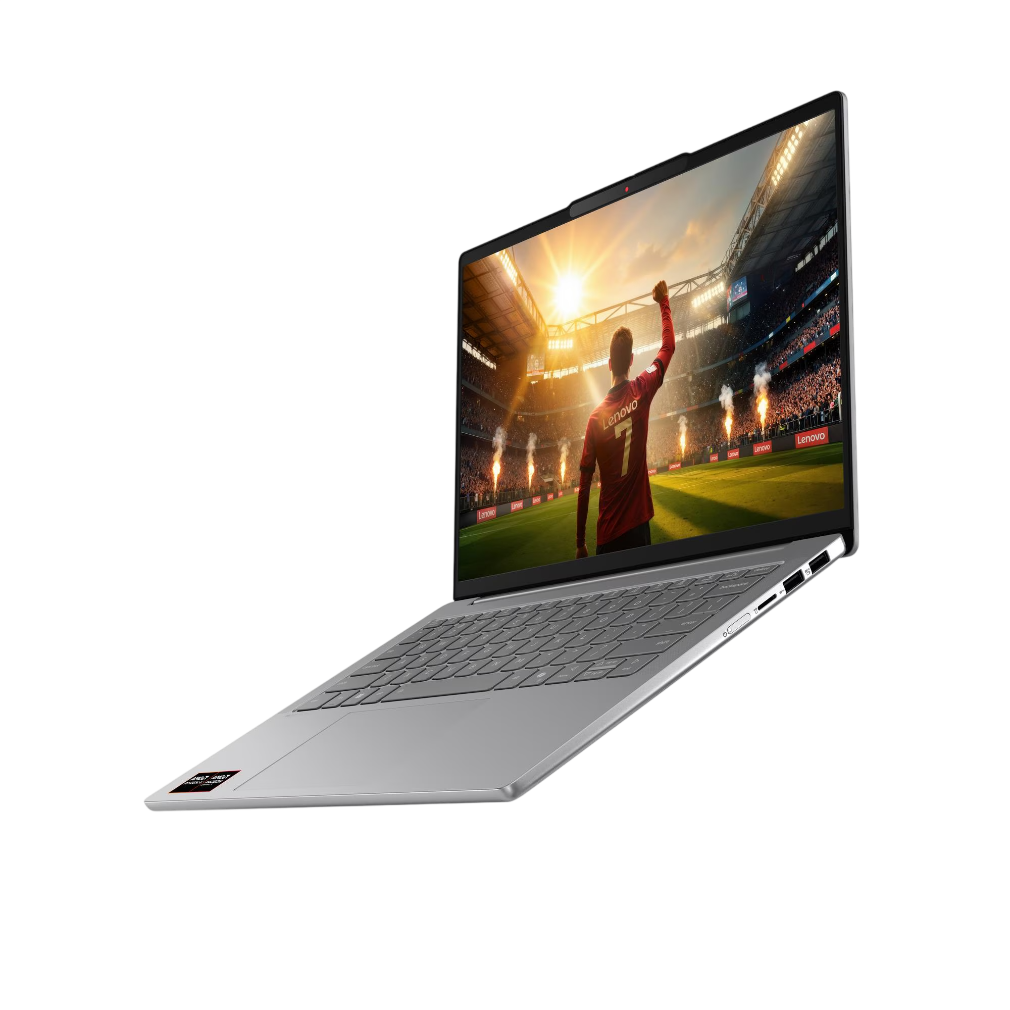 Ein Laptop zeigt ein fußballspielendes Feld mit einem jubelnden Spieler und Lichtern.