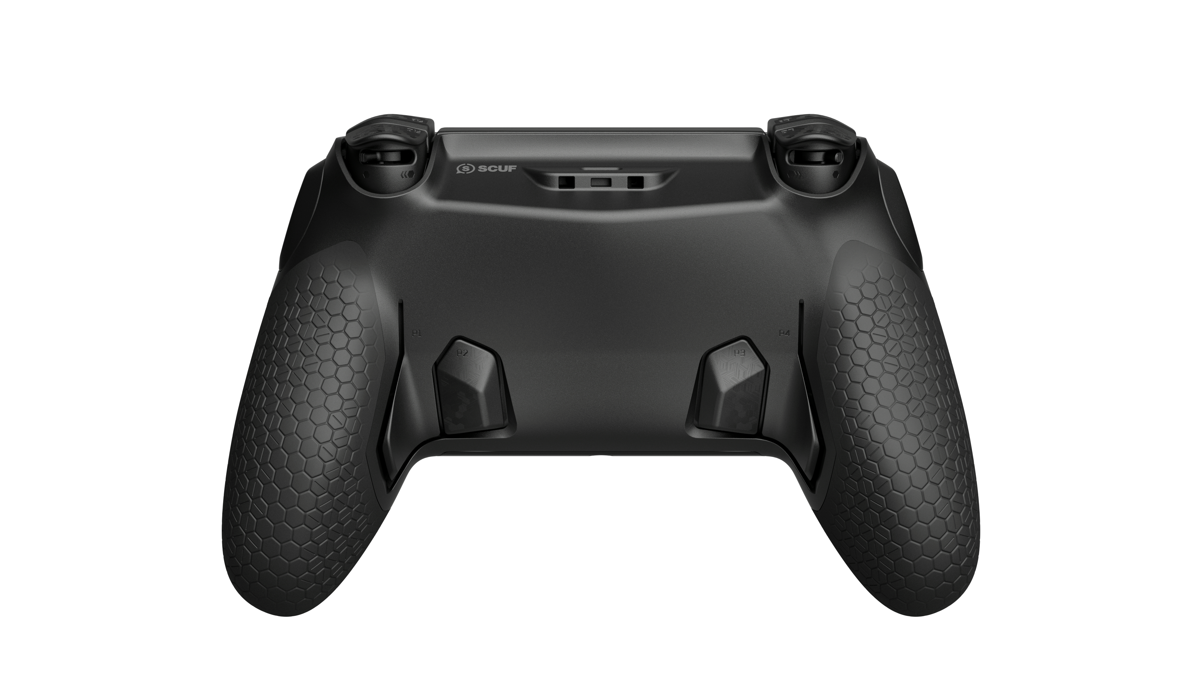Schwarzer Gaming-Controller mit Wabenmuster-Griffen und zusätzlichen Tasten.