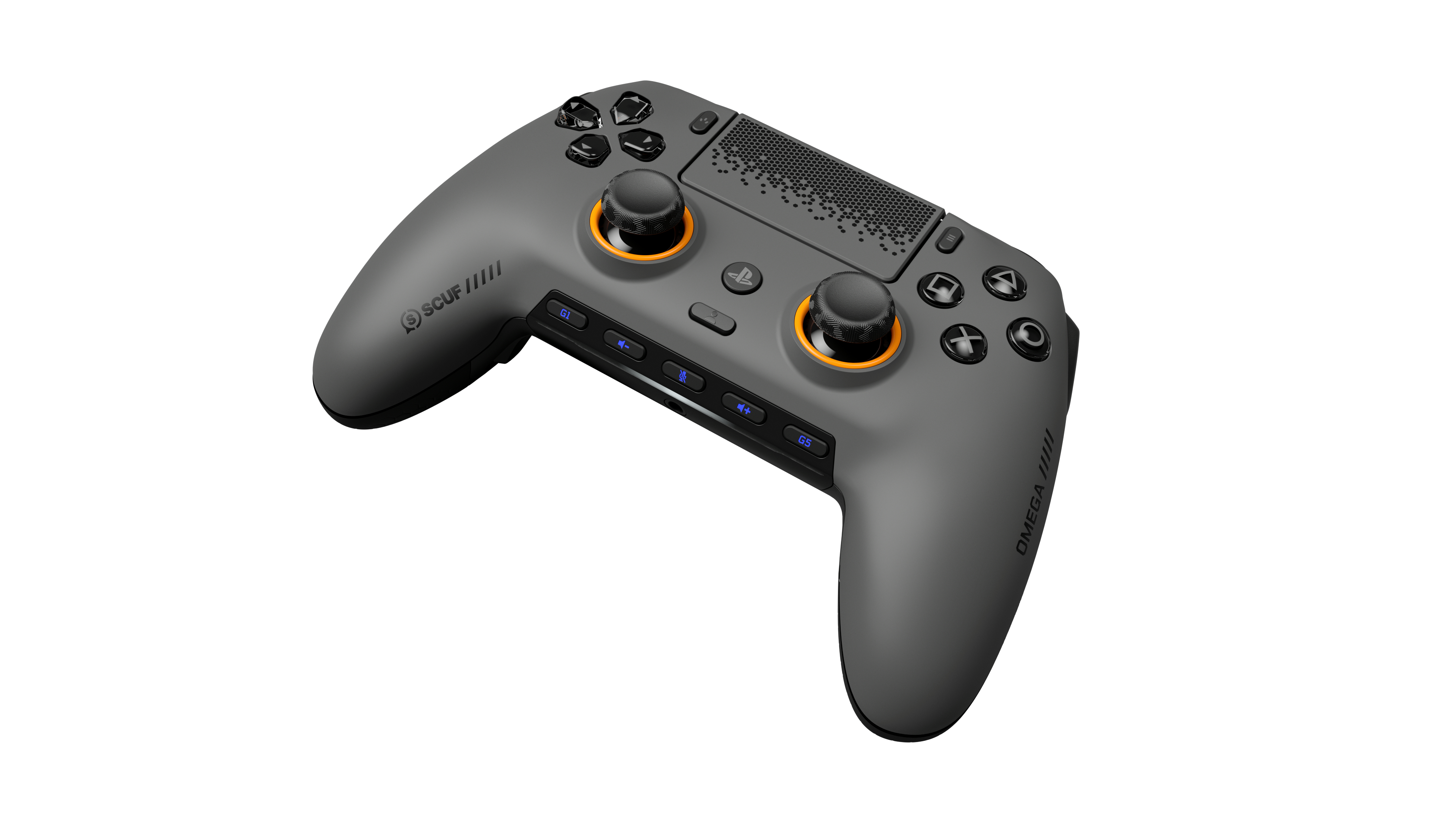 Grauer Gaming-Controller mit orangen Akzenten, Tasten und Analogsticks.
