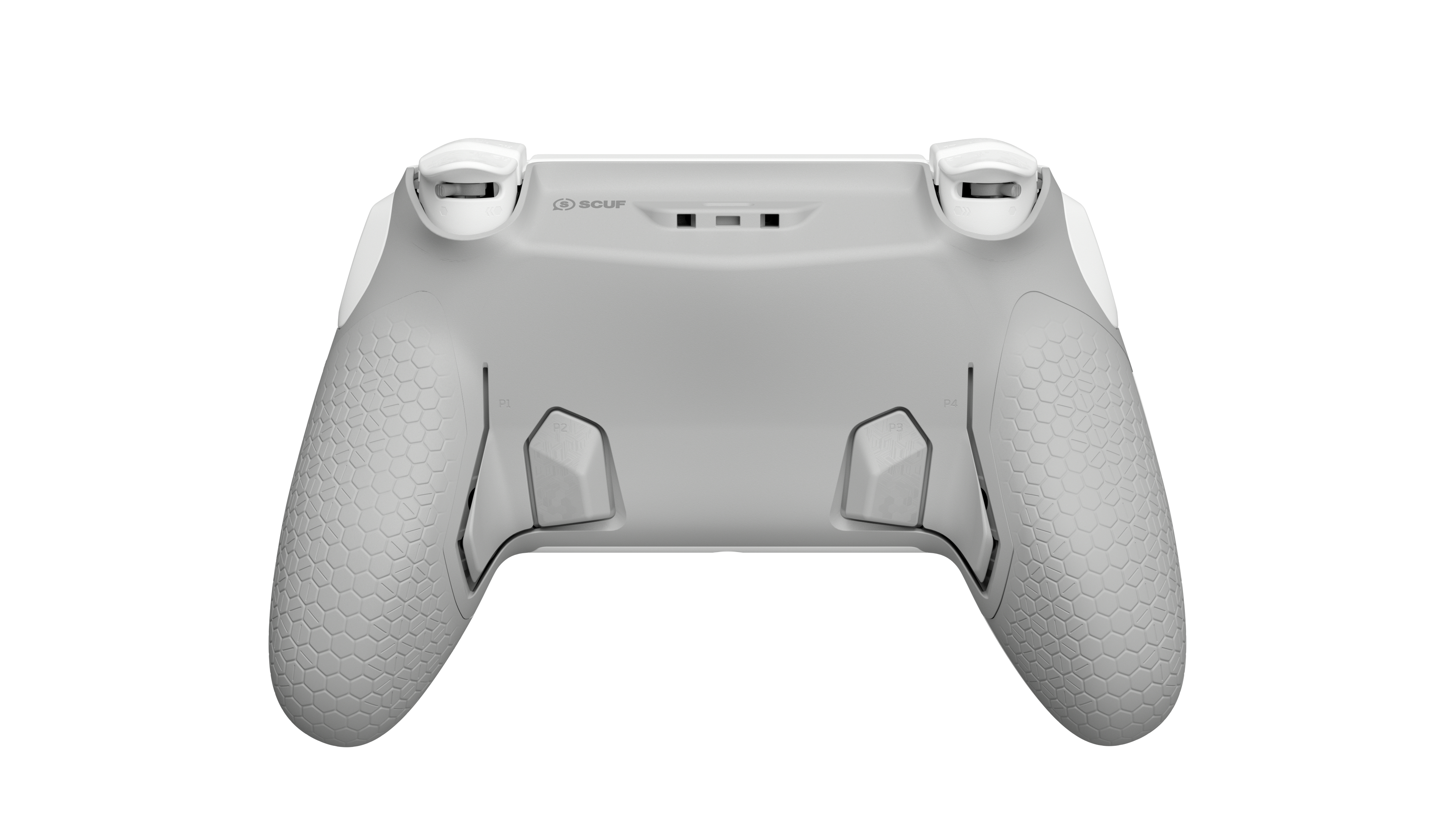 Grauer Controller mit Wabenmuster-Griffen und SCUF-Logo.