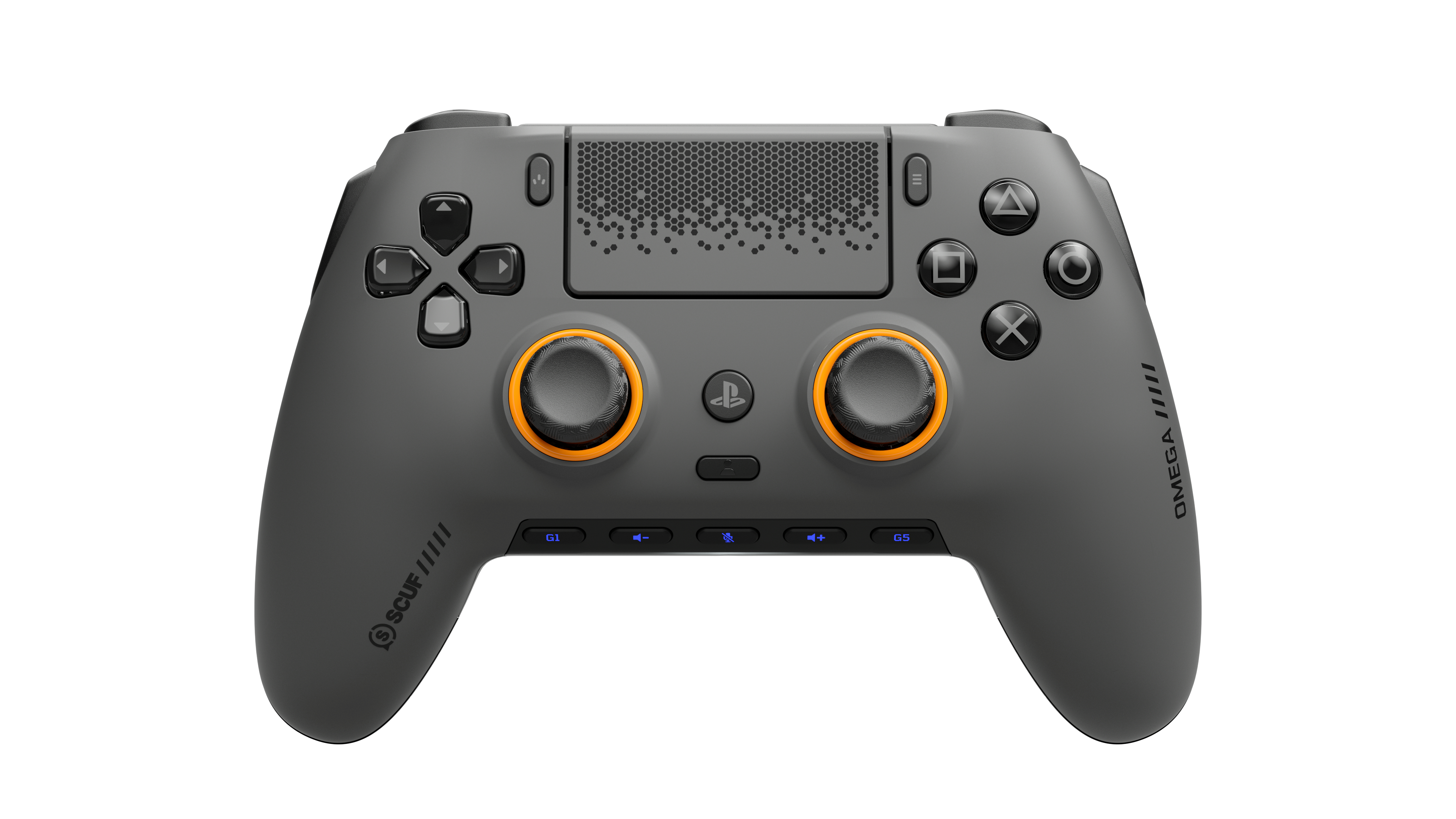 Grauer Gaming-Controller mit orangen Akzenten und Tasten.