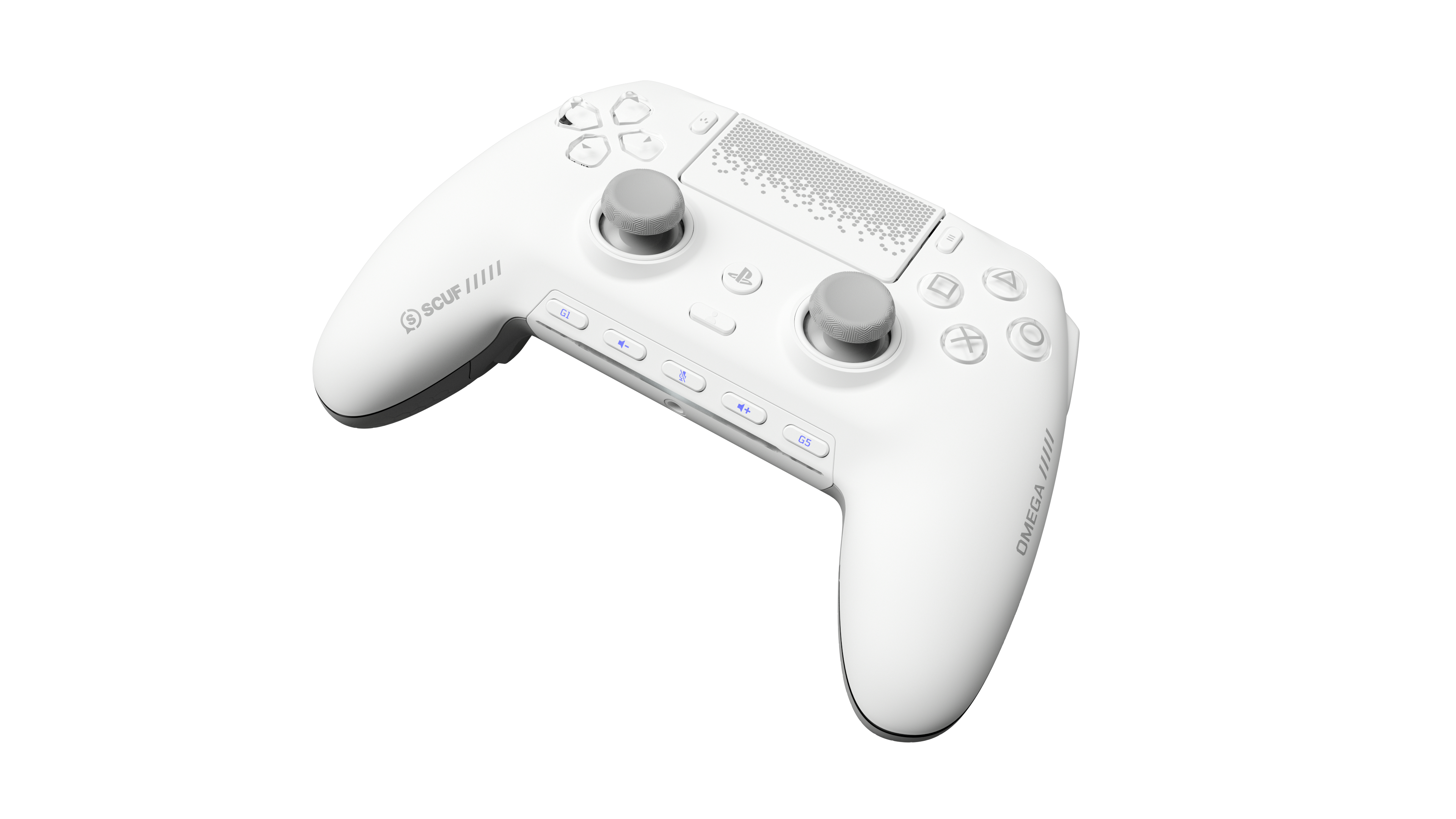 Ein weißer Gaming-Controller mit grauen Sticks und Knöpfen, auf weißem Hintergrund.